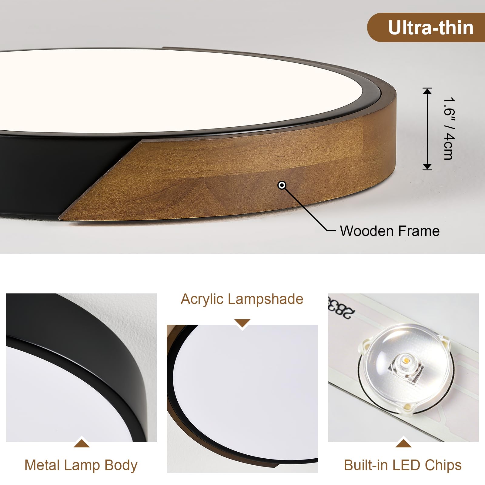Modern LED Ceiling Light, Minimalist Wood Dimmable Flush Mount Ceiling Light Fixture, Round 5CCT Lighting Lamp with Acrylic Lampshade for Bedroom Hallway Kitchen Laundry, Black 11.8"