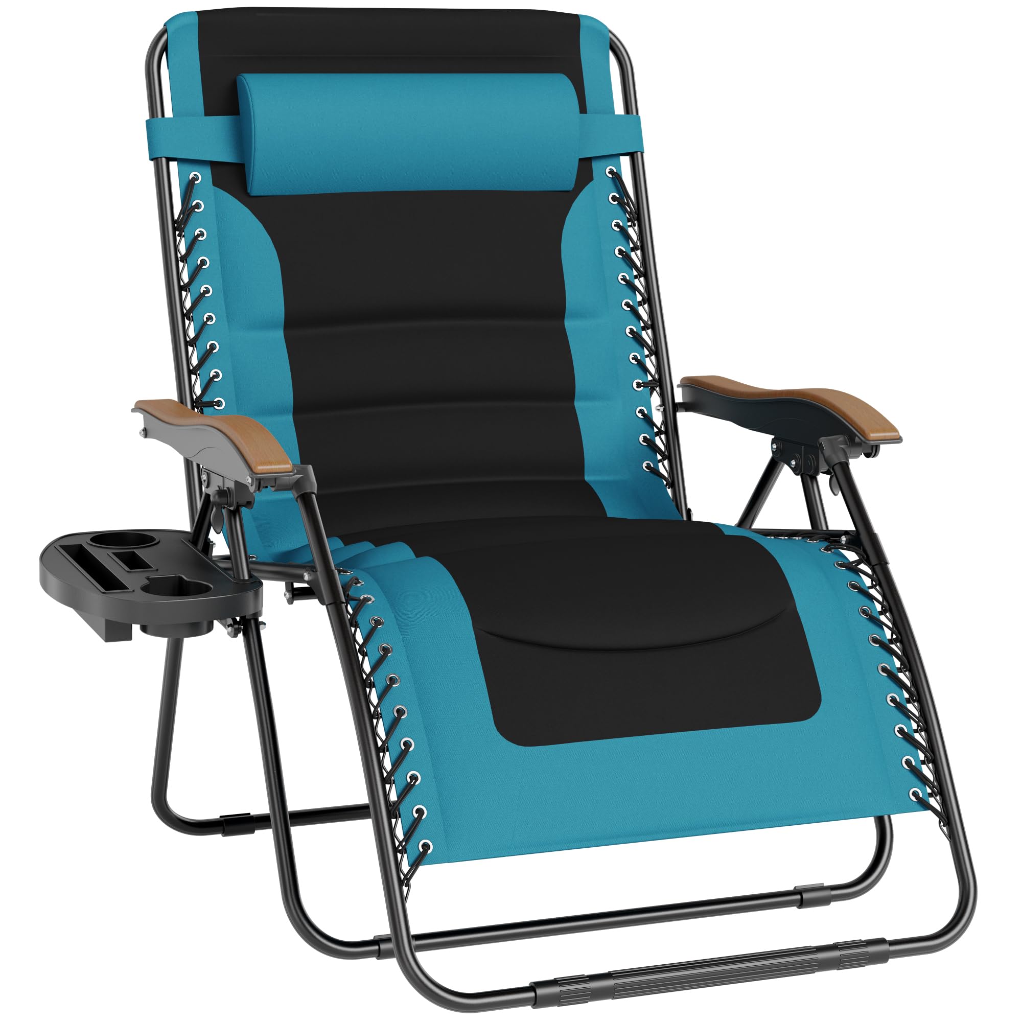 PHI VILLA XXL Oversized Padded Zero Gravity Chair Set of 2, Foldable Patio Recliner, 30" Wide Seat Anti Gravity Lounger with Armrest and Cup Holder, Support 400 LBS (Aqua Blue)
