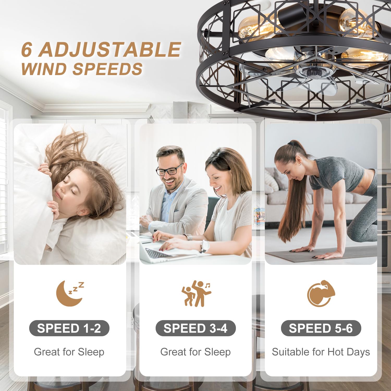 ZYD Caged Ceiling Fan with Light, 20" Ceiling Fan with Lights and Remote Flush Mount, Bladeless Caged Ceiling Fans with Lights, Matte Black Rustic Fan for Bedroom, Kitchen, Dining Room