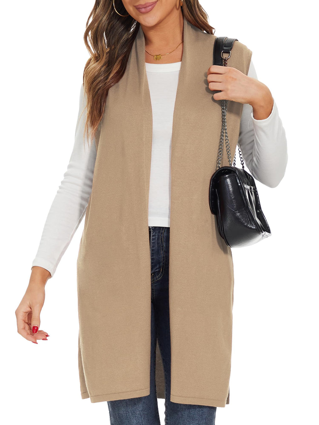 Moss Rose Women's Long Knit Cardigan Vest Casual Sleeveless Open Front Draped Duster Vest (Available in Plus Size)