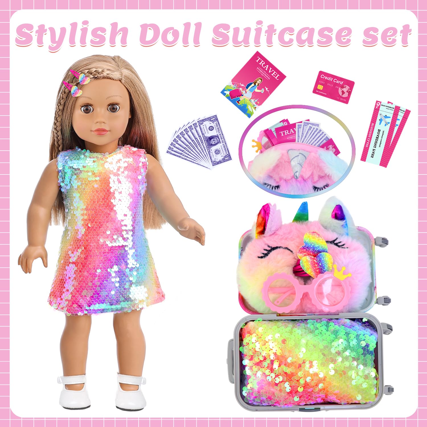 K.T. Fancy 18 Inch American Doll Clothes and Accessories, Doll Travel Suitcase Playset for Girls, Cute Travel Doll Clothes for 18 Inch Girl Doll(Not Include Doll & Shoes), Pink