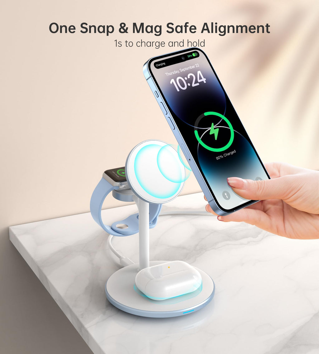 XooFly 3 in 1 Wireless Charging Station for Apple Devices, Fast Wireless Mag-Safe Charger Stand with 20W Adapter for iPhone 17/16 15 14 13 12 Pro Max/Pro/Plus/Air/Mini, iWatch, AirPods (Black)
