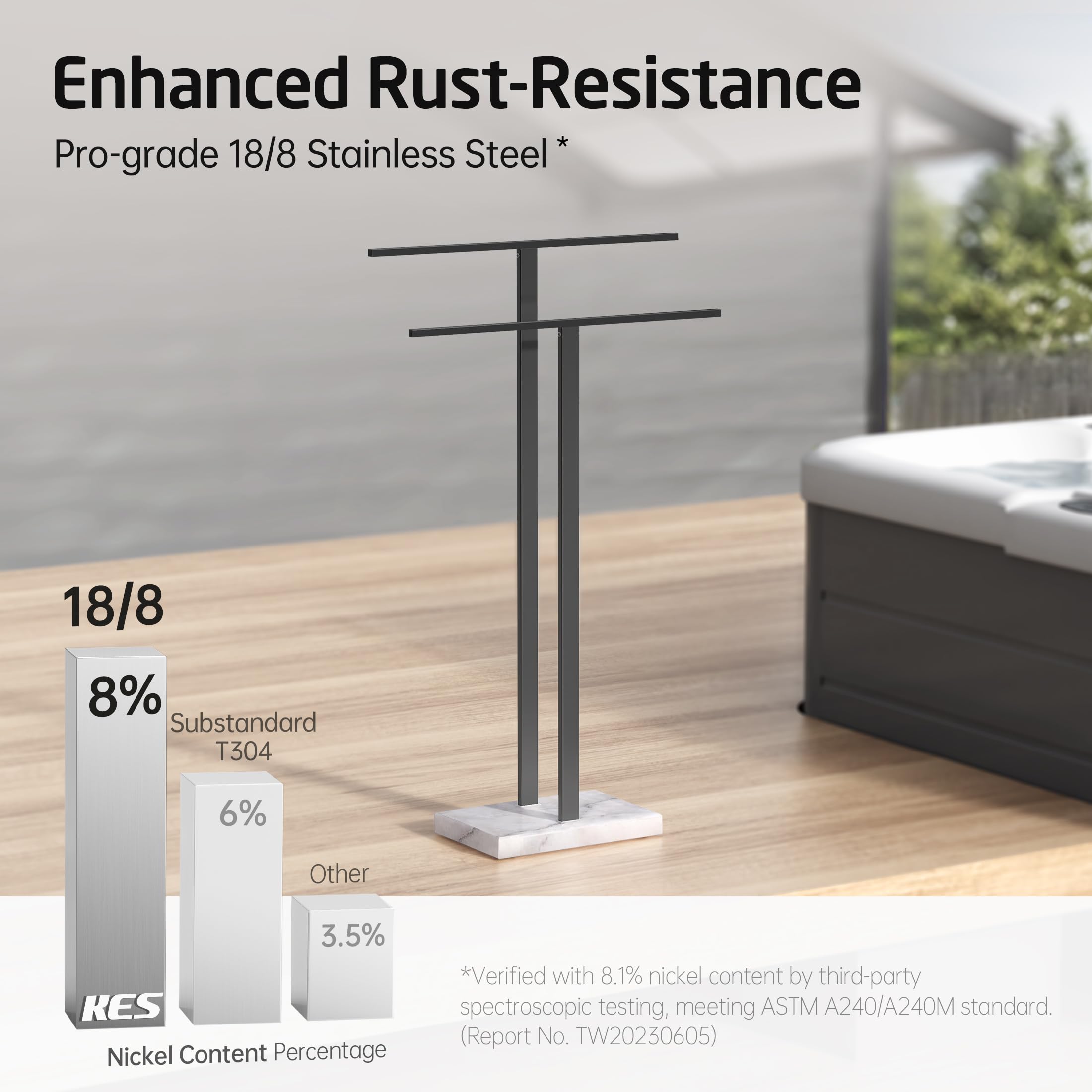 KES Standing Towel Rack with Black Natural Marble Base, 2-Tier Towel Rack Stand for Bathroom Floor, Bath Towel Holder Fits Bath Towel & Hand Towel,18/8 Stainless Steel, BTH217-BBK
