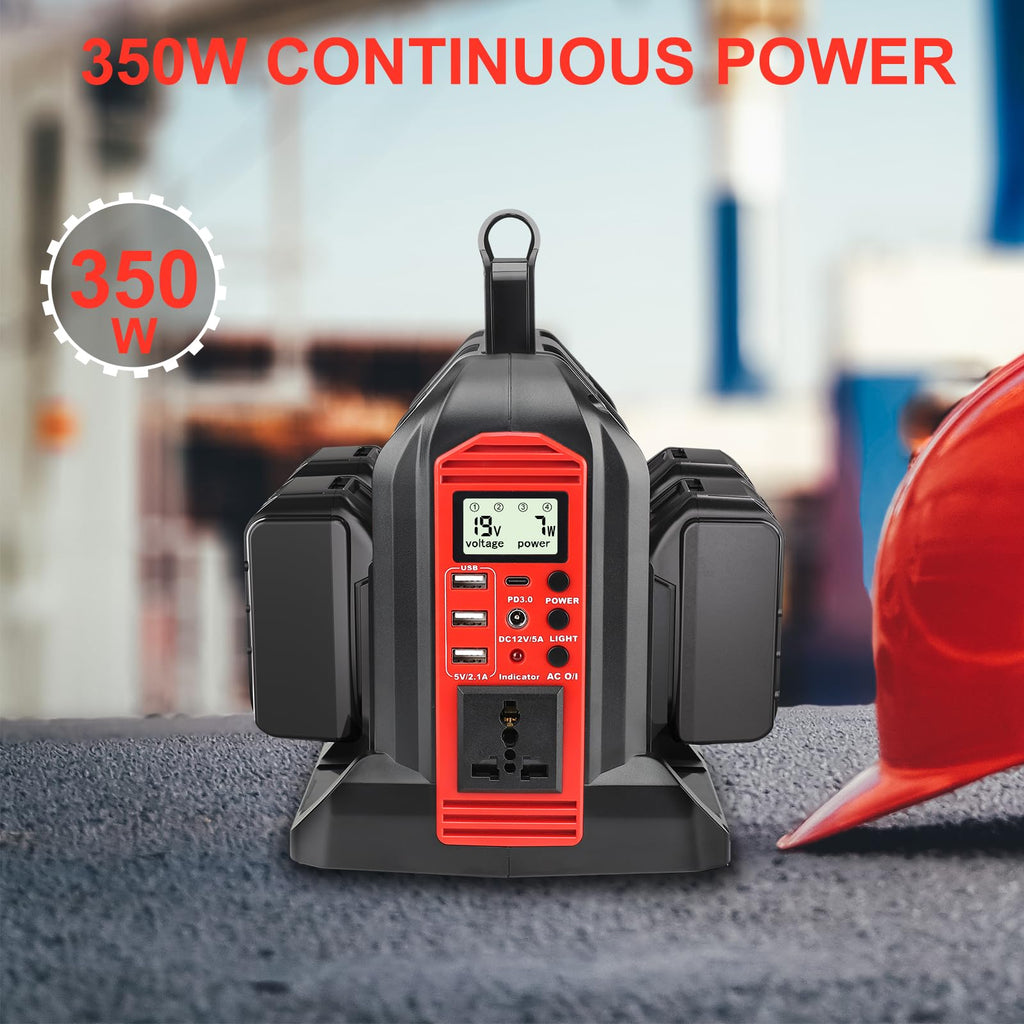 350W Inverter for Milwaukee 18V Li-ion Battery, 4-Port 20V to 120V Pure Sine Wave Inverter with LED Light, 3 USB-A Port, 1 USB-C Port, 1 DC Port, Power Station for Outdoor Camping(No Battery)