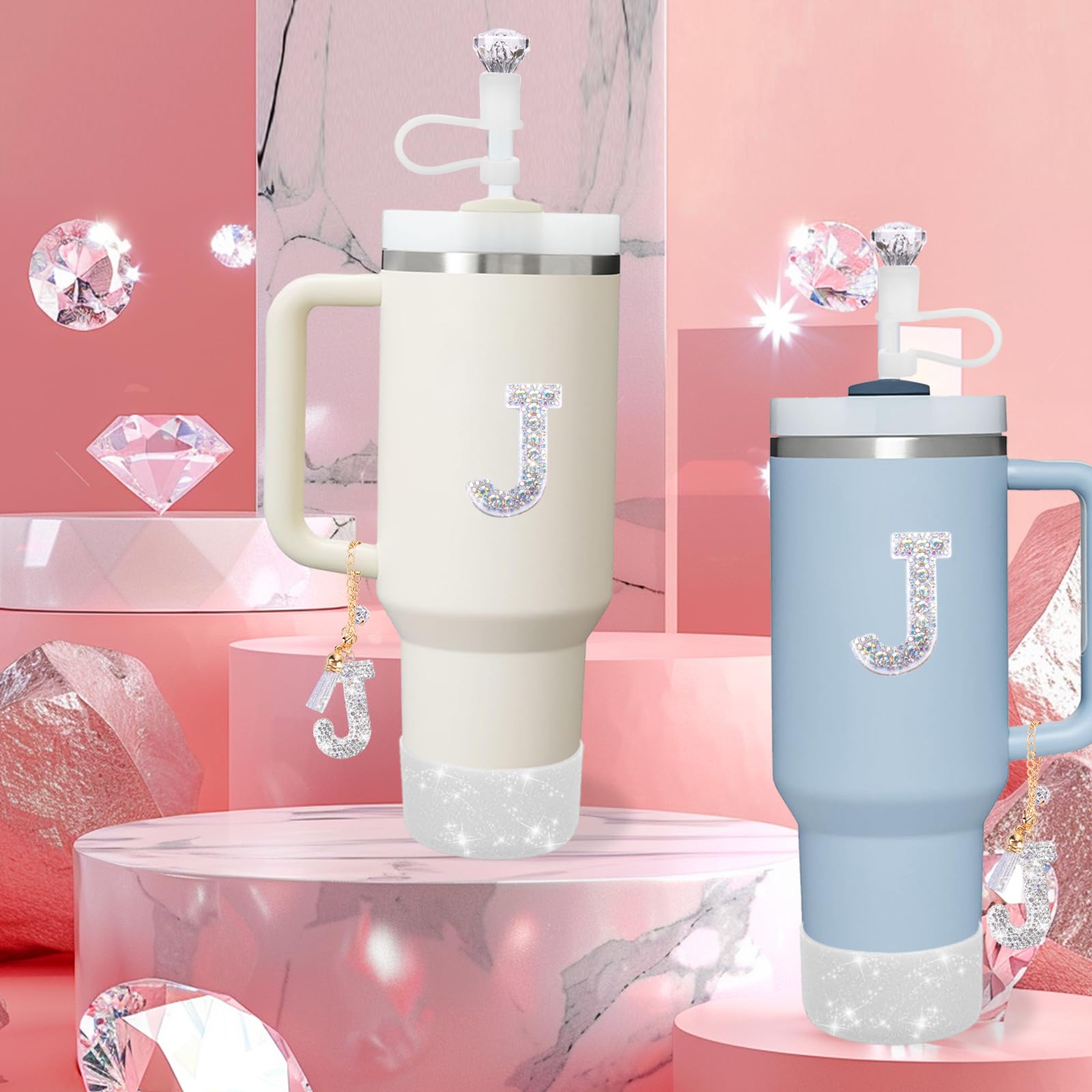 Mity rain Accessories Set for Stanley Cup, Initials Decorations for Tumbler Cup 30/40OZ, Including Diamond Straw Topper/Spill Proof Stopper/Sparkly Silicone Boot Set/Letter Charms for Handle A-Z (A-)
