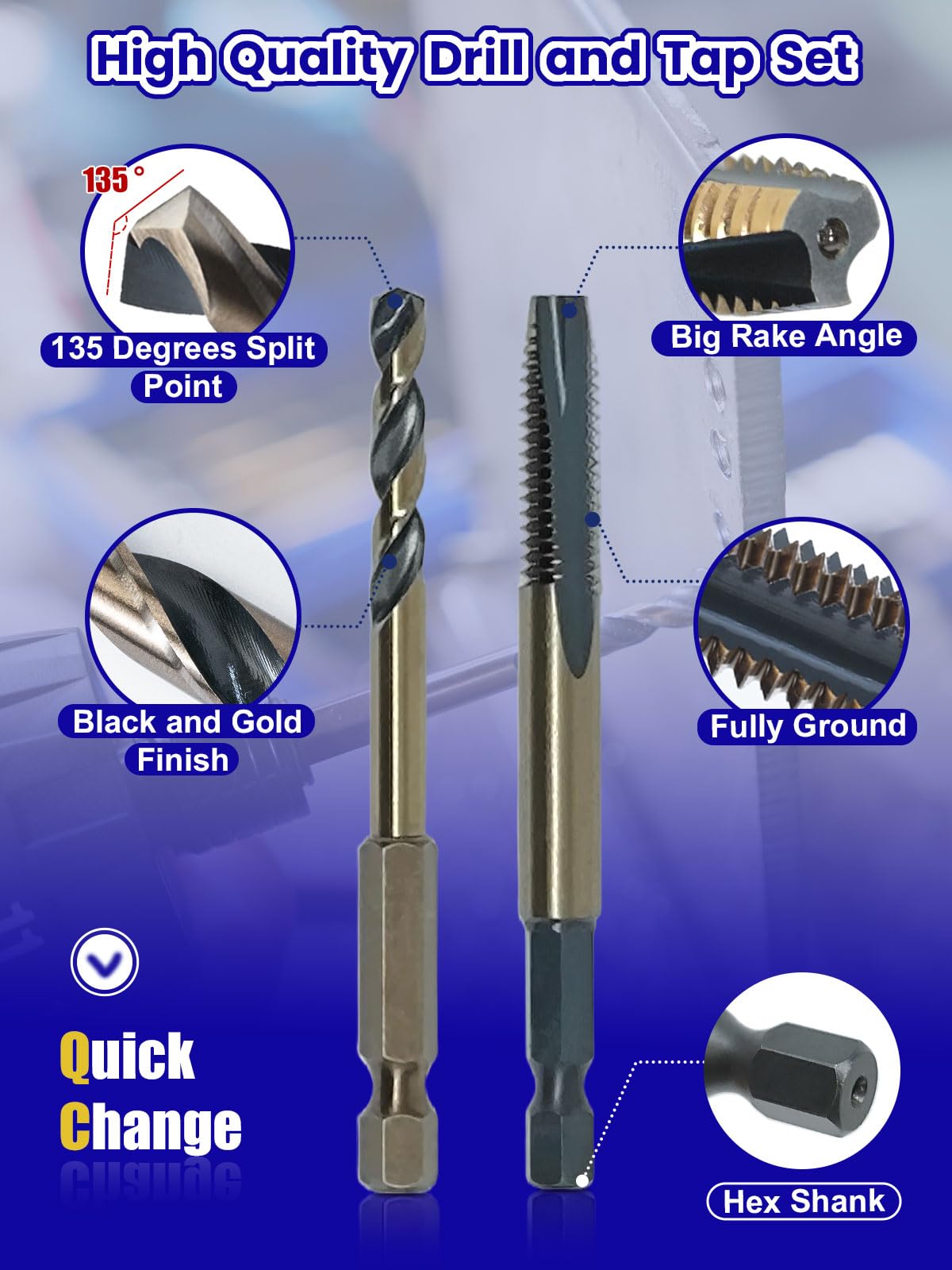 JEFE HEX 1/4-20 UNC Hex Shank Taps for Metal | MRO & Industrial Use | Quick-Change | Impact Driver (5pcs)