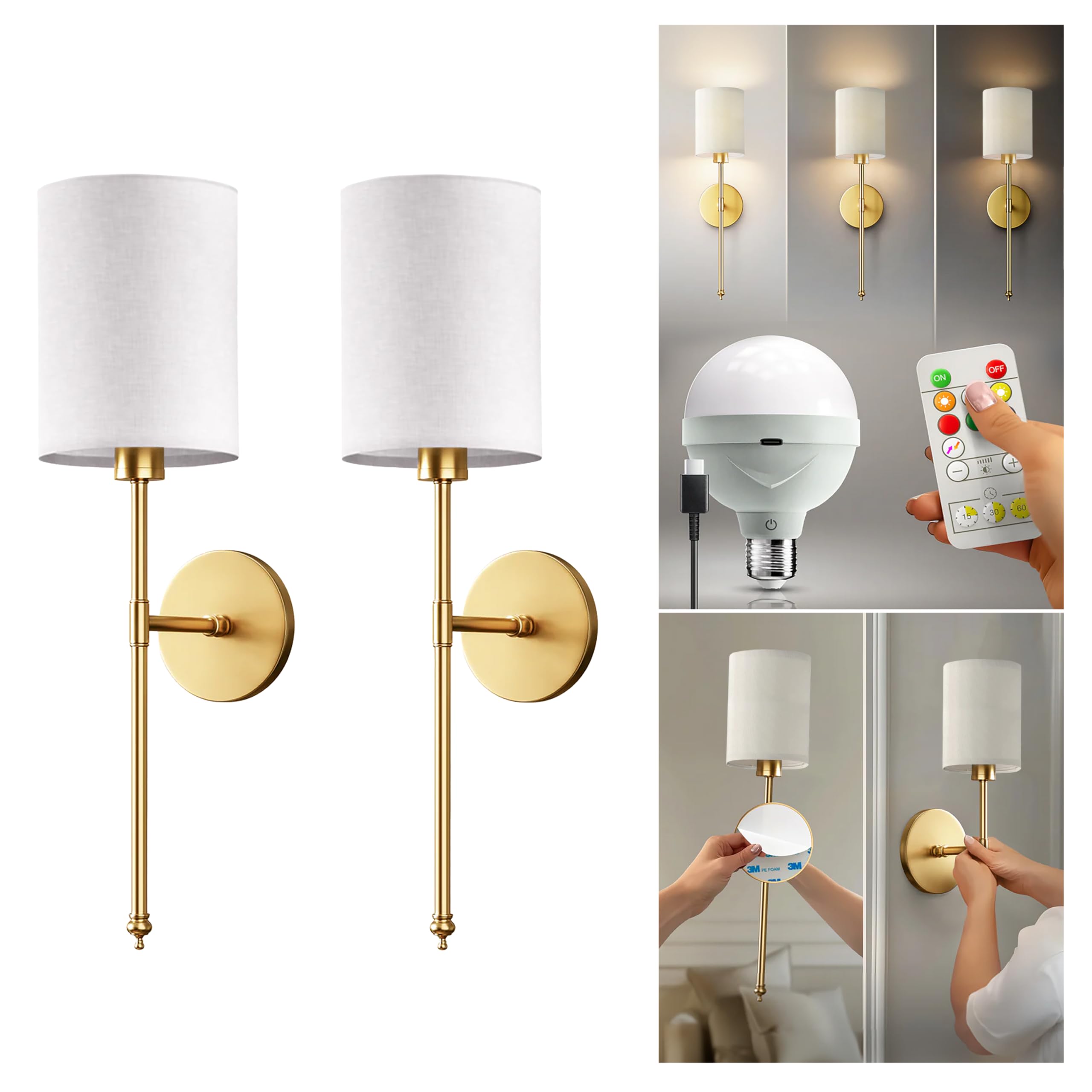 PRIDOLA Set of 2 Wireless Wall Sconces - Stick-On or Screw Mount for Easy Installation with Rechargeable LED Bulbs, Remote Controlled, Adjustable Brightness & Warmth, Vintage Wall Decor (Silver)