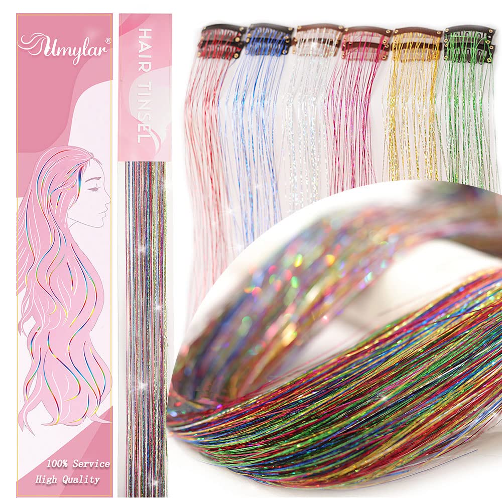 Clip in Hair Tinsel, Pack of 12 Pcs 20 Inch,Glitter Tinsel Hair Extensions, Festival Tinsel Fairy Hair Extension Party Dazzle Hair Accessories Strands Kit for Women Girls(12Pcs,Black#)