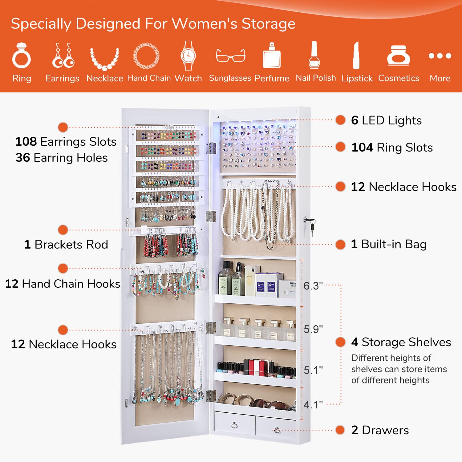 GISSAR Full Length Mirror Jewelry Cabinet, 6 LEDs Jewelry Armoire Wall Mounted Over The Door Hanging, Jewelry Organizer Storage with Lights Lockable, Black, 14.6" x 47.2"