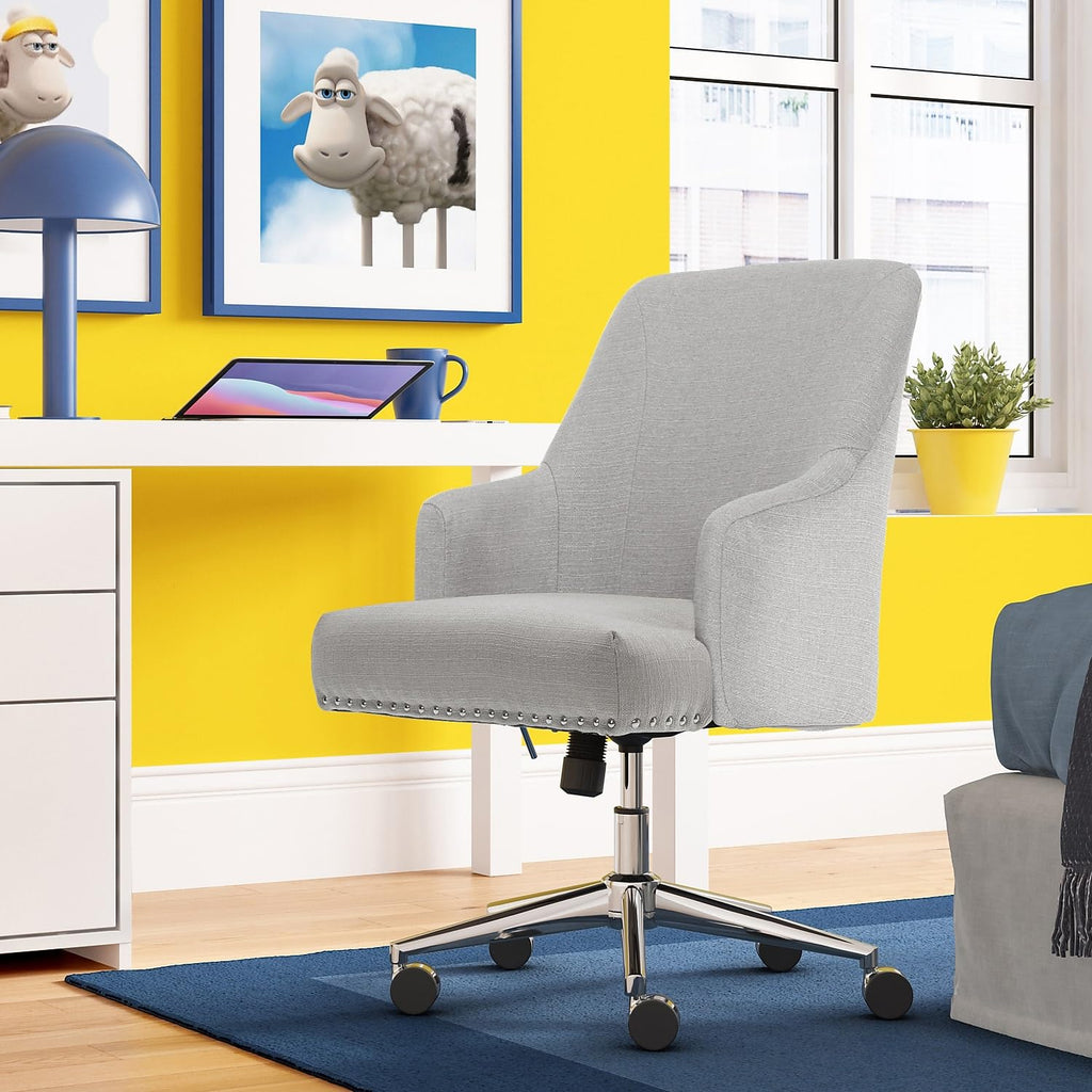 Serta Scarlett Modern Office Chair, Pleated and Curved Mid-Back Desk Chair, Pocket Coil Seat Cushion, Padded Armrests, Vanity Armchair with Wheels, Swivel Gold Base, Beige Velvet Fabric