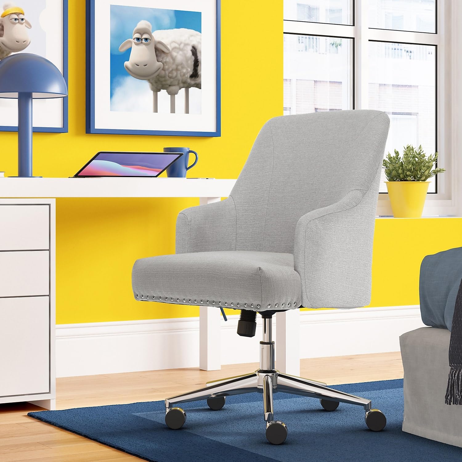 Serta Scarlett Modern Office Chair, Pleated and Curved Mid-Back Desk Chair, Pocket Coil Seat Cushion, Padded Armrests, Vanity Armchair with Wheels, Swivel Gold Base, Beige Velvet Fabric