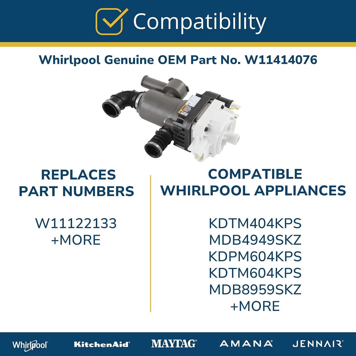 Whirlpool W11414076 Genuine OEM Dishwasher Pump and Motor Assembly Replacement Part - Replaces W11122133