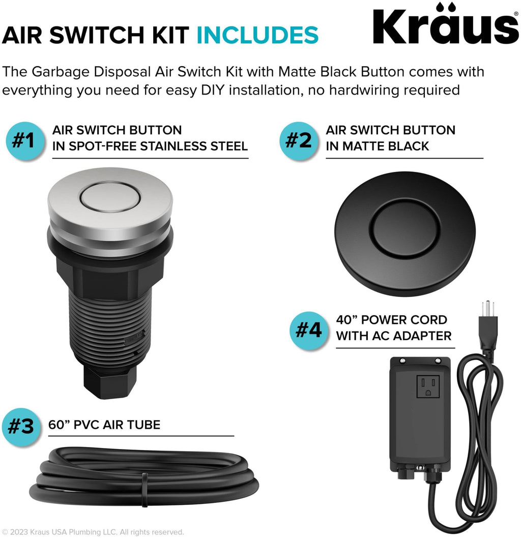 KRAUS Garbage Disposal Air Switch Kit with 2 Flat-Top Push Buttons in in Spot-Free Stainless Steel and Brushed Brass, AC Adapter, Power Cord, and Air Tube Included, KWDA-200BB