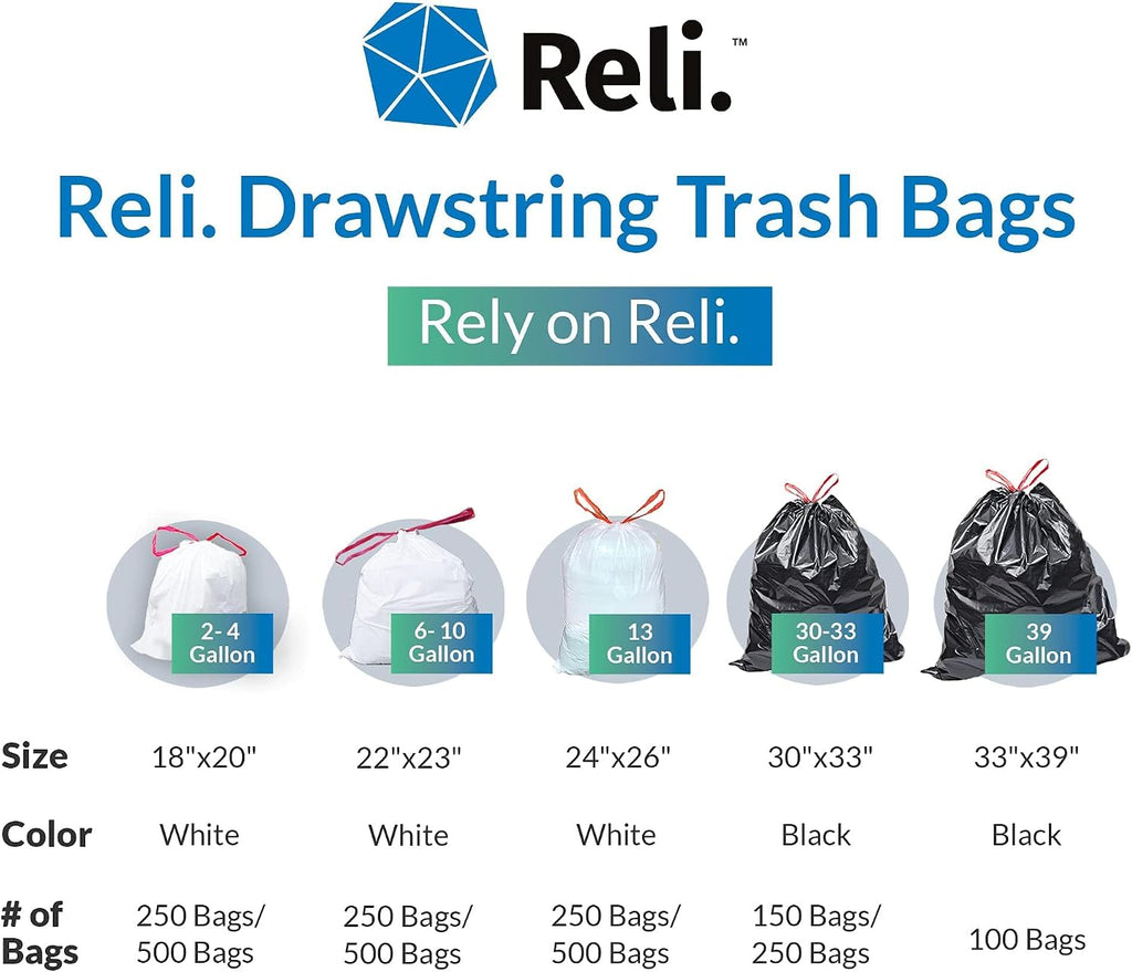 Reli. Drawstring Trash Garbage Bags, Tall Kitchen, 250 Count Bulk, White, 13 Gallon - 16 Gallon Capacity