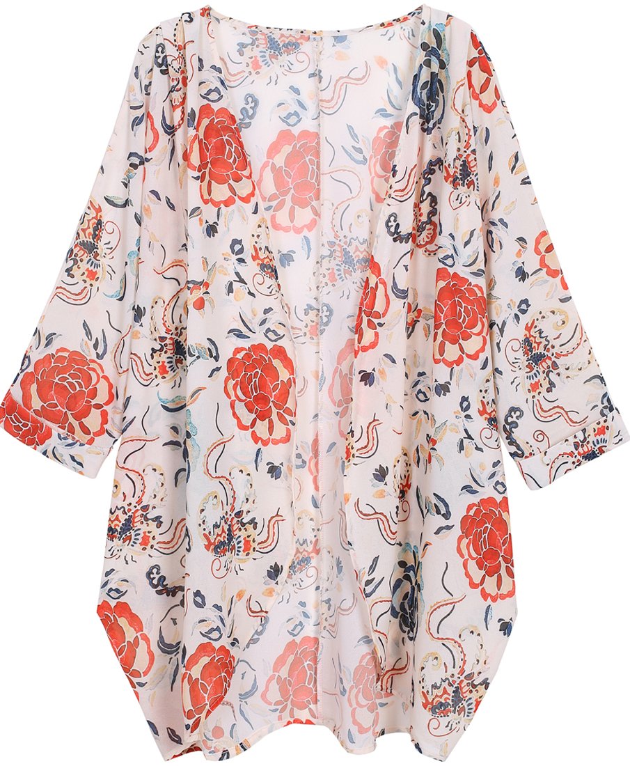 olrain Women's Floral Print Sheer Chiffon 3/4 Bat Sleeve Casual Loose Kimono Cardigan Capes