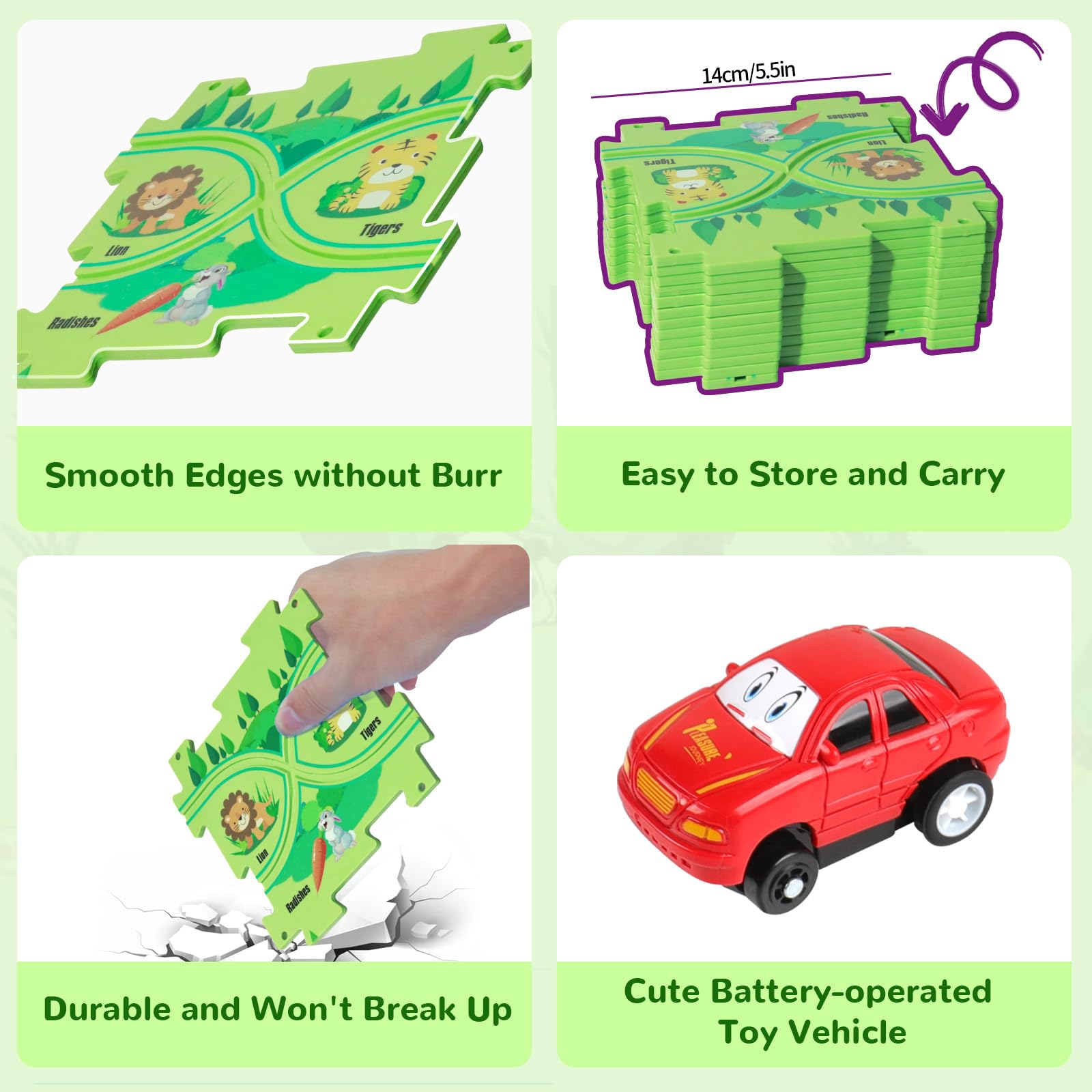 Puzzle Track Car Play Set with 12 Dinosaur Figures, Plastic Railcar Floor Puzzles for Kids Ages 3-5 with Vehicles, Toys Gifts for 3 4 5 6 Year Old Boys