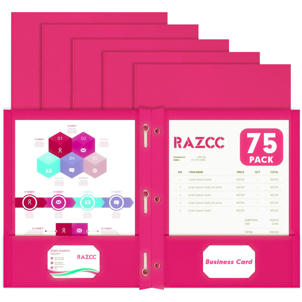 Two Pocket Folders, RAZCC 75 Pack Two Pocket Folders with Prongs, 3 Prong Pocket Folders Letter Size, Paper Folders with Prongs for School Office Home Business, Assorted 5 Colors