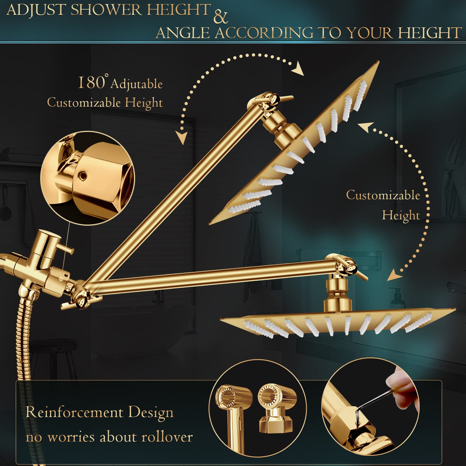 Shower Head Combo(Brushed Nickel),8 Inch High Pressure Rain Shower Head with 11 Inch Adjustable Extension Arm and 5 Settings Handheld Shower Head Combo,Powerful Shower Spray Against Low Pressure Water