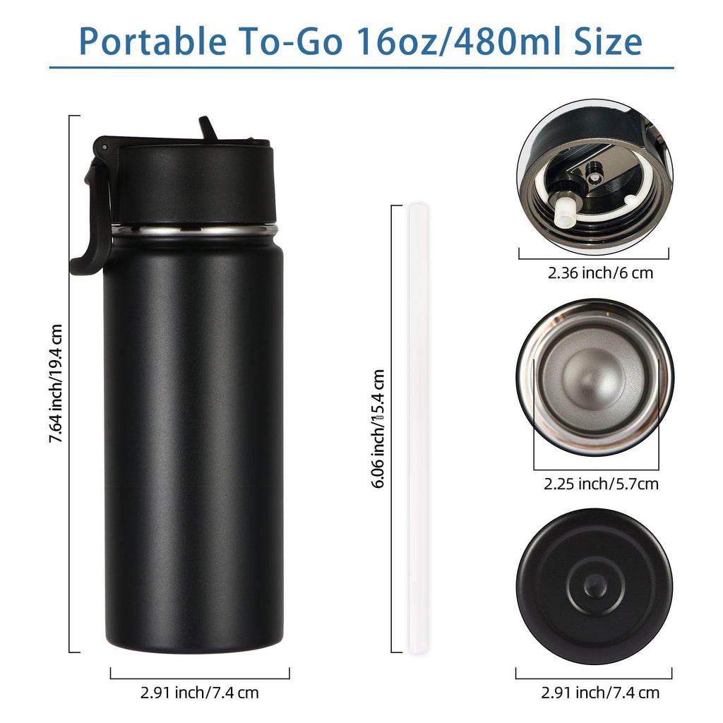 Volhoply Kids Insulated Water Bottle with Straw,16oz Stainless Steel Cold Water Bottles for School,BPA-Free Metal Wide Mouth Cups with Handle Lid,Reusable Double Wall Vacuum Sport Flask(Black,1)