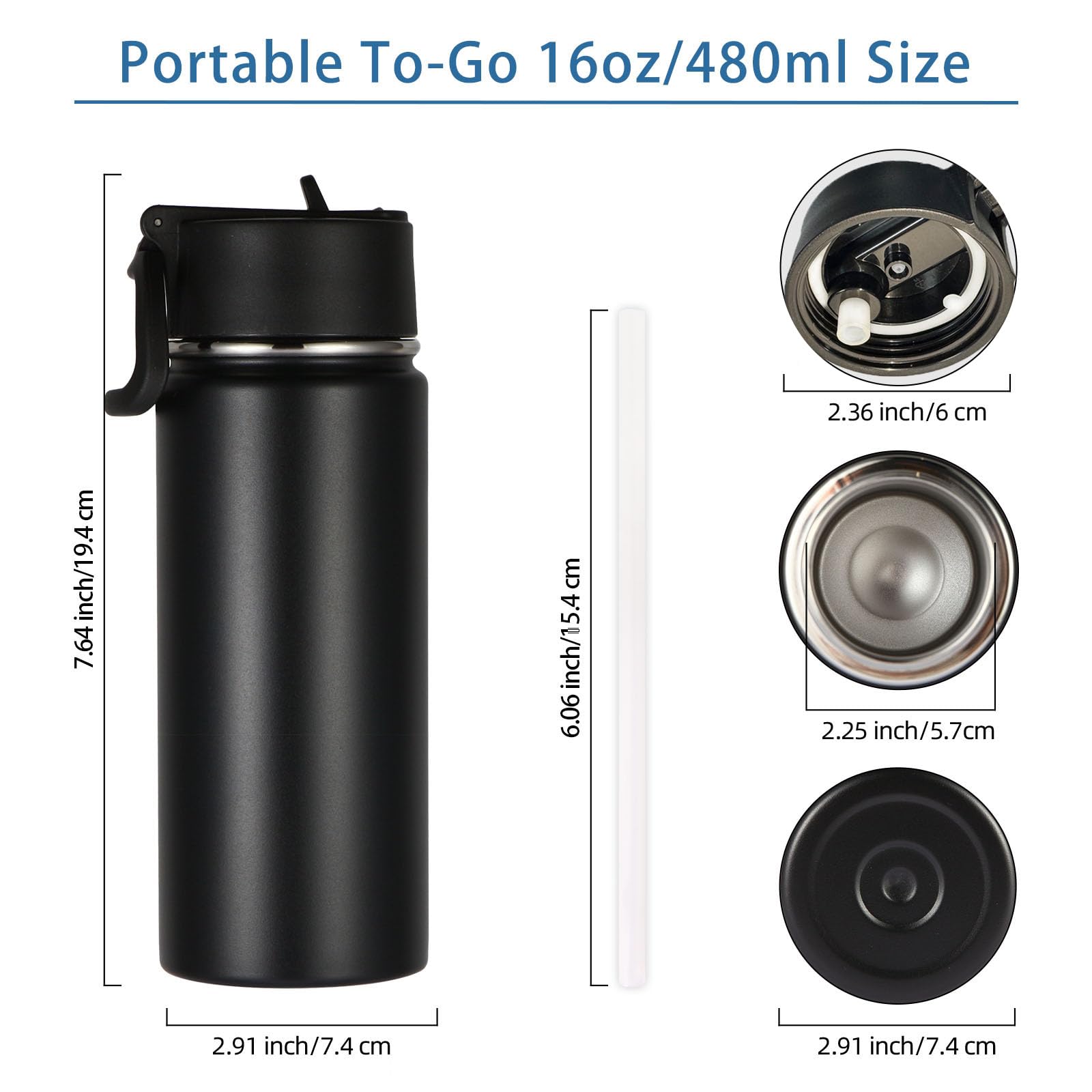Volhoply Kids Insulated Water Bottle with Straw,16oz Stainless Steel Cold Water Bottles for School,BPA-Free Metal Wide Mouth Cups with Handle Lid,Reusable Double Wall Vacuum Sport Flask(Black,1)