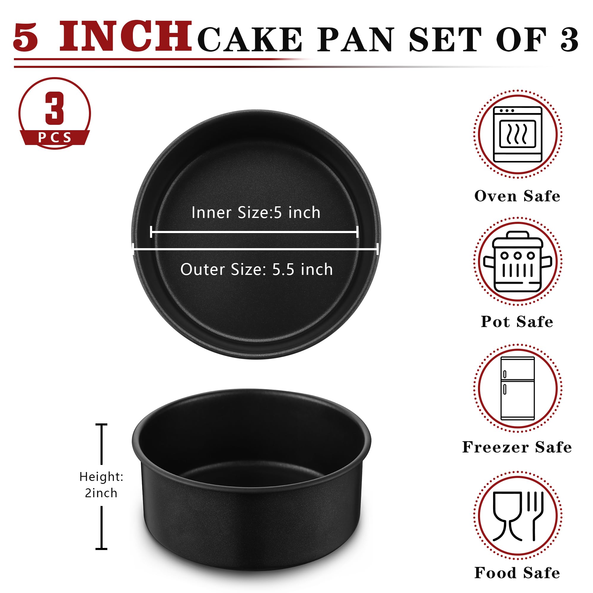 E-far 4 Inch Cake Pan Set of 3, Nonstick Stainless Steel Mini Round Cake Pans Tin, Small Size for Baking Smash Cakes/Cheesecake, Stainless Steel Core & Non-toxic Coating, Straight Side & 2 Inch Deep