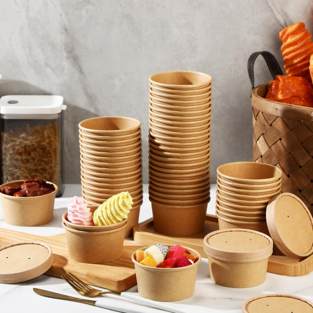 Fulmoon 100 Pack Paper Soup Containers with Lids Disposable Paper Food Containers with Vented Lid Kraft Ice Cream Cake Dessert Cups Soup Bowl for Party Hot Food Fruit Microwave(4 oz,Brown)