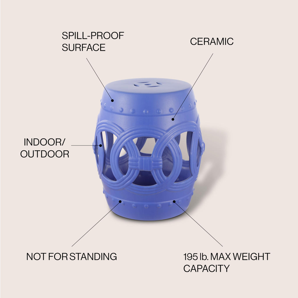 JONATHAN Y Lucky Coins 16" Ceramic Garden Stool, Contemporary Blue/White Cutout Interlocking Rings Drum Indoor/Outdoor Side Table and Plant Stand for Patio, Garden, Living Room TBL1027A