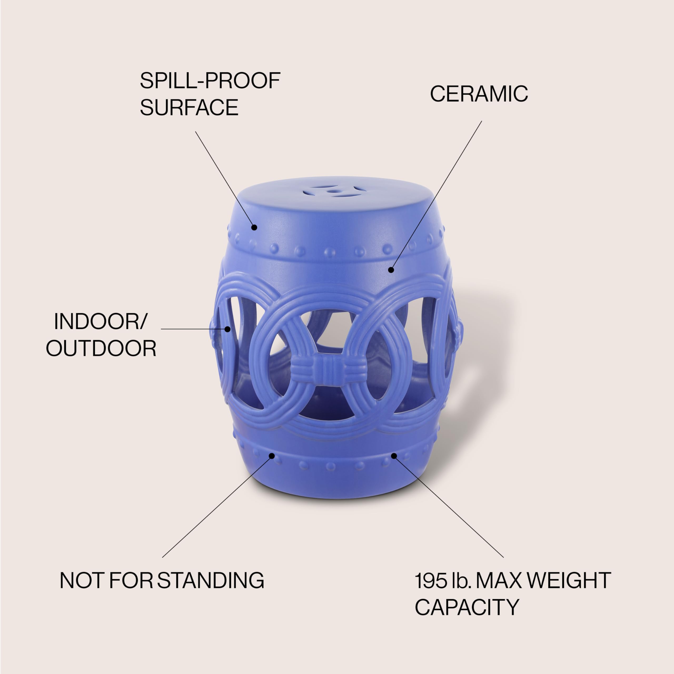 JONATHAN Y Lucky Coins 16" Ceramic Garden Stool, Contemporary Blue/White Cutout Interlocking Rings Drum Indoor/Outdoor Side Table and Plant Stand for Patio, Garden, Living Room TBL1027A