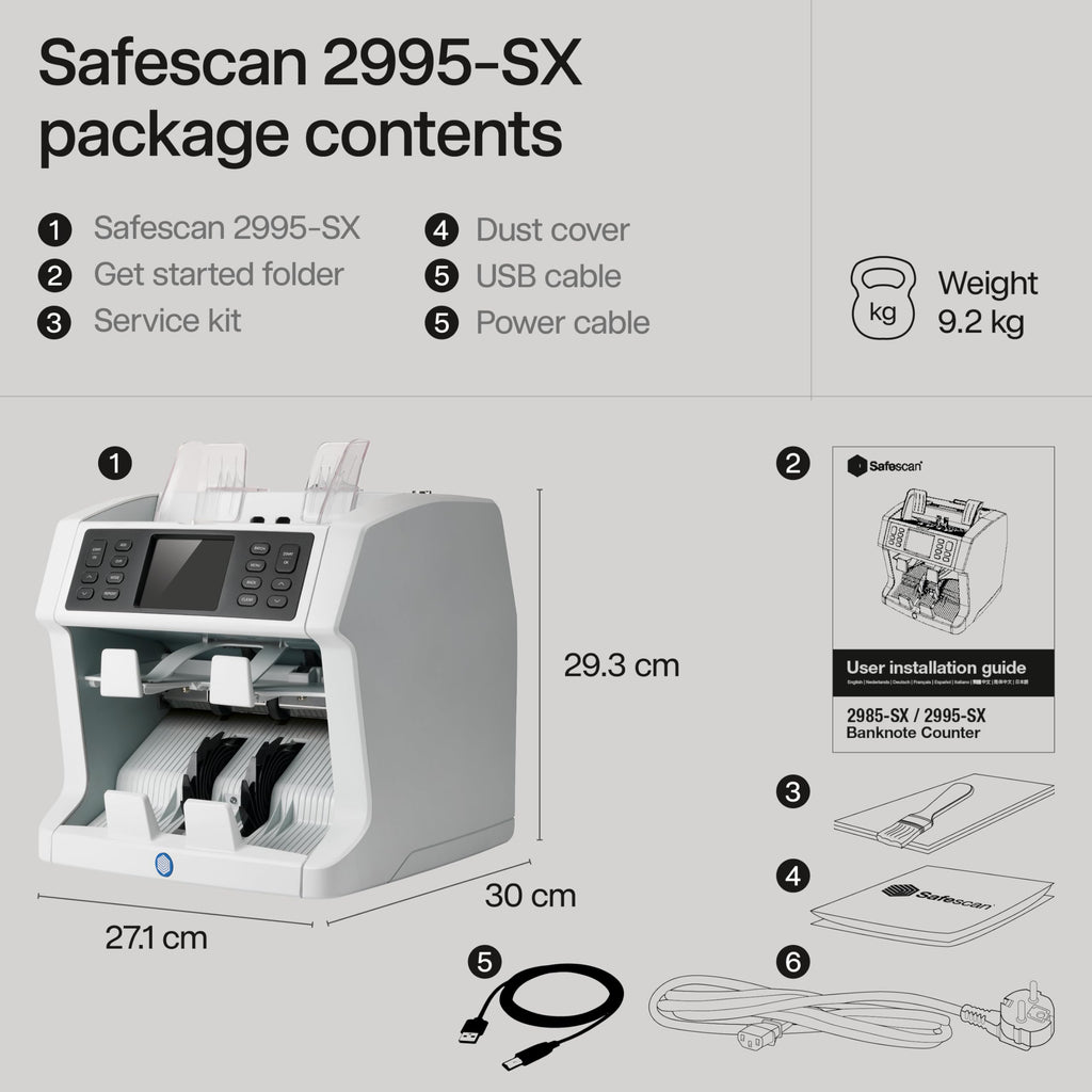 Safescan 2210 Money Counter Machine with Counterfeit Detection, Add/Batch Modes, LCD-Display, High-Speed Counts 1,000 bills per minute, 2 Point Counterfeit Check - Sorted Counter for All Currencies