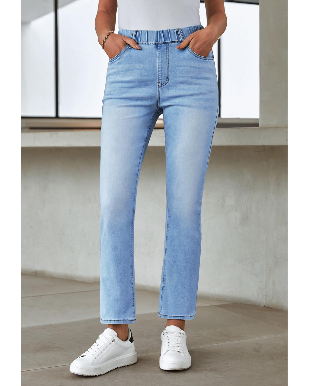 GRAPENT Straight Leg Jeans for Women Trendy Pull On High Waisted Cropped Elastic Waist Stretchy Denim Pants Ankle Jeans