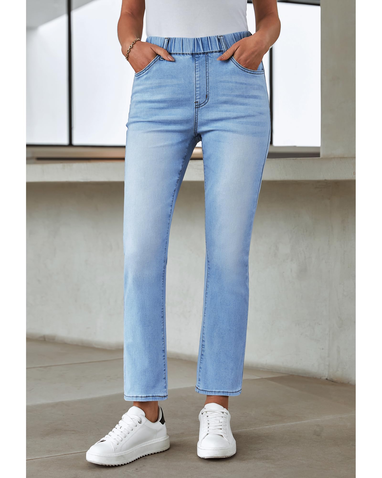 GRAPENT Straight Leg Jeans for Women Trendy Pull On High Waisted Cropped Elastic Waist Stretchy Denim Pants Ankle Jeans