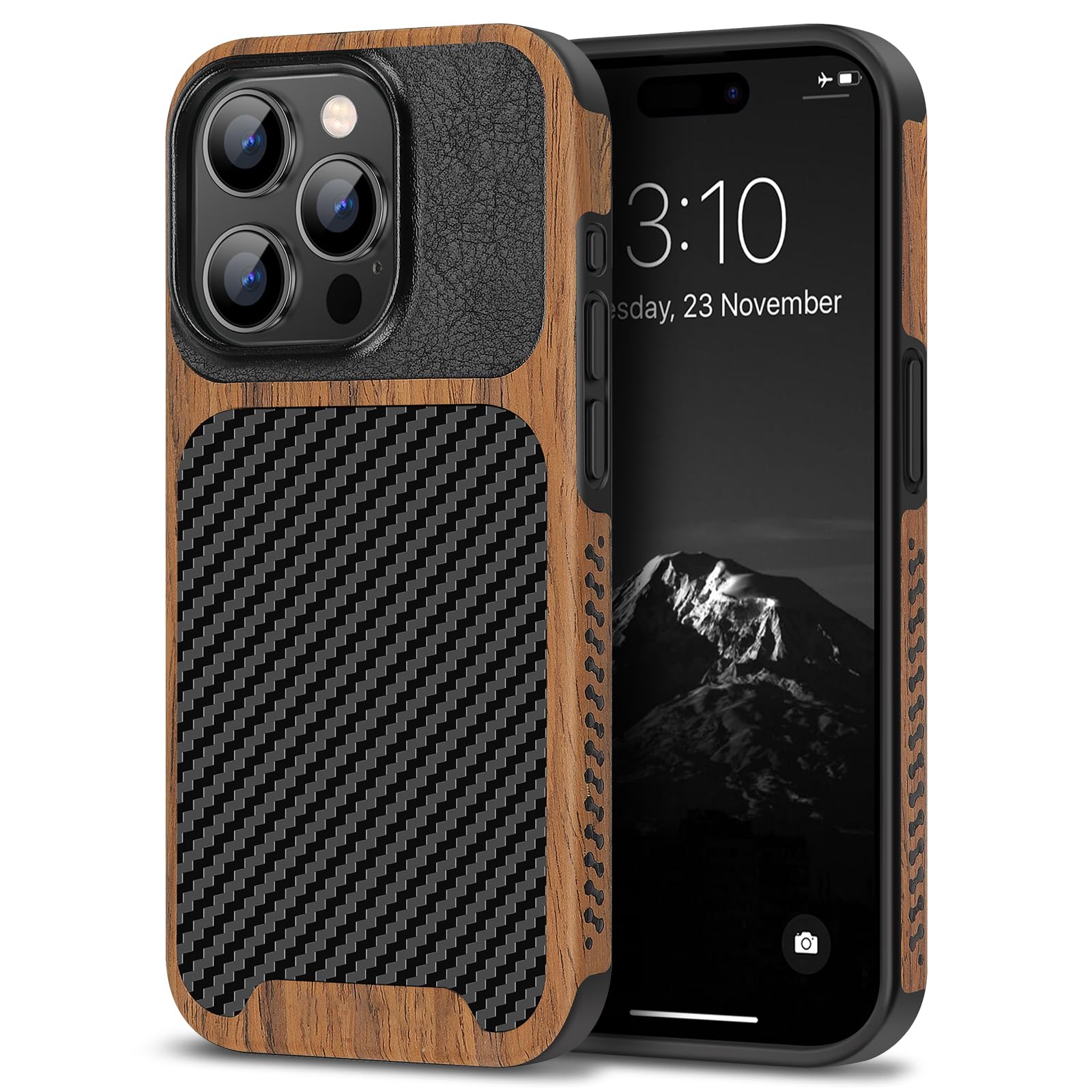 TENDLIN Compatible with iPhone 15 Case Wood Grain with Carbon Fiber Texture Design Leather Hybrid Slim Case (Black)