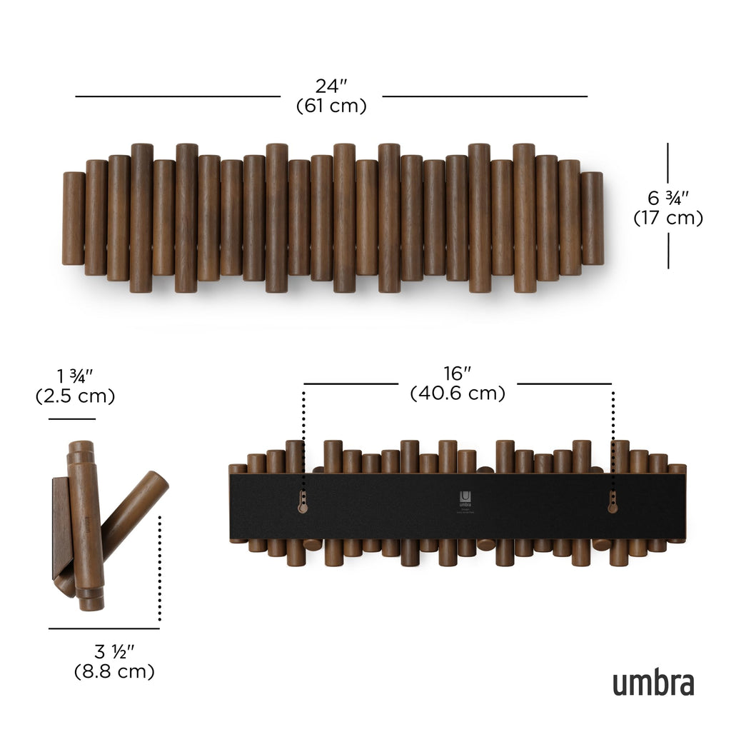 Umbra Picket Wall-Mounted Coat Rack Rail Hook with 5 Retractable Wood Pegs – Modern, Space-Saving Storage Organizer, Black