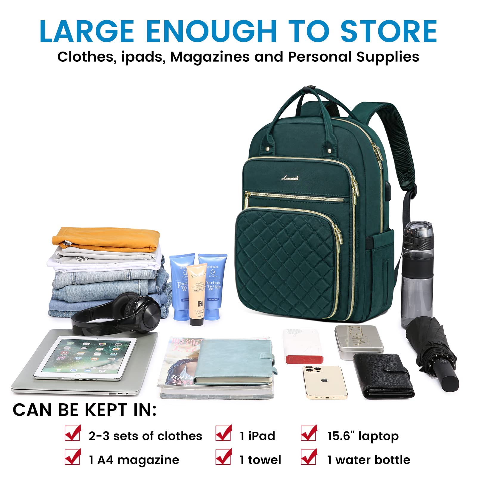 LOVEVOOK Laptop Backpack for Women, Water Resistant Travel Work Backpacks Purse College Business Teacher Nurse Computer bag with USB Charging Port