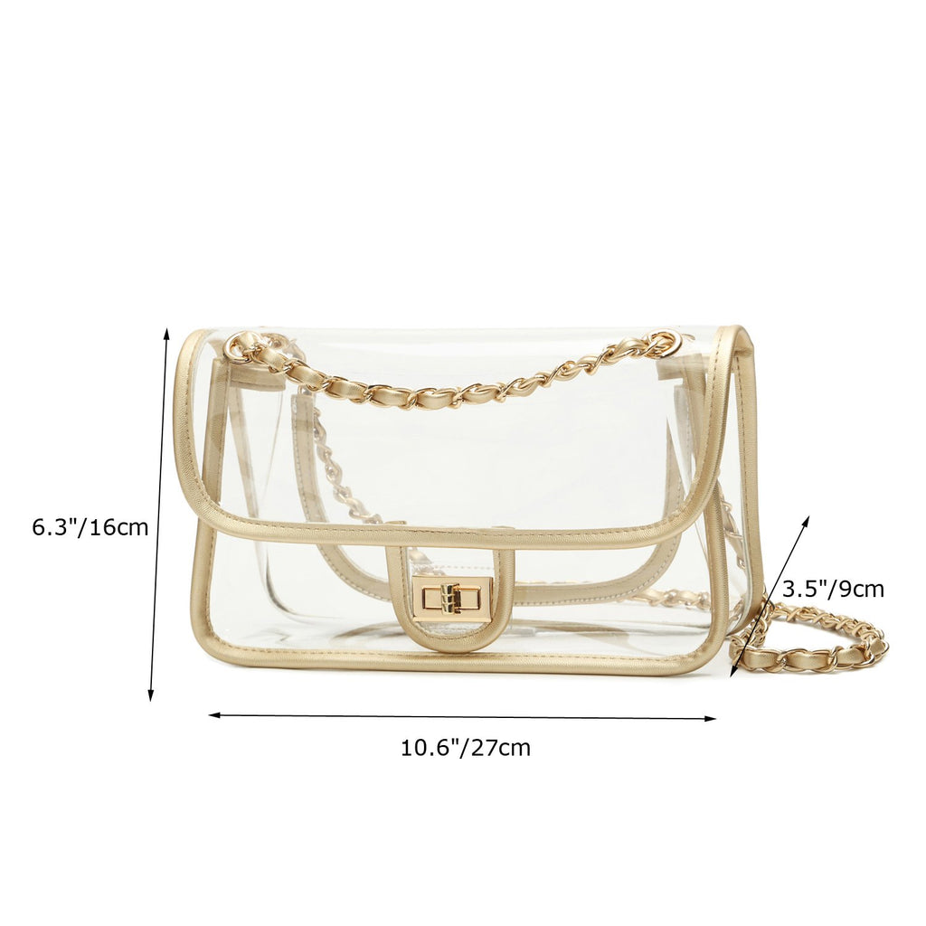 Womens PVC Clear Purse Handbag with Chain Stadium Approved Clear Bag See Through Bag for Working and Concert