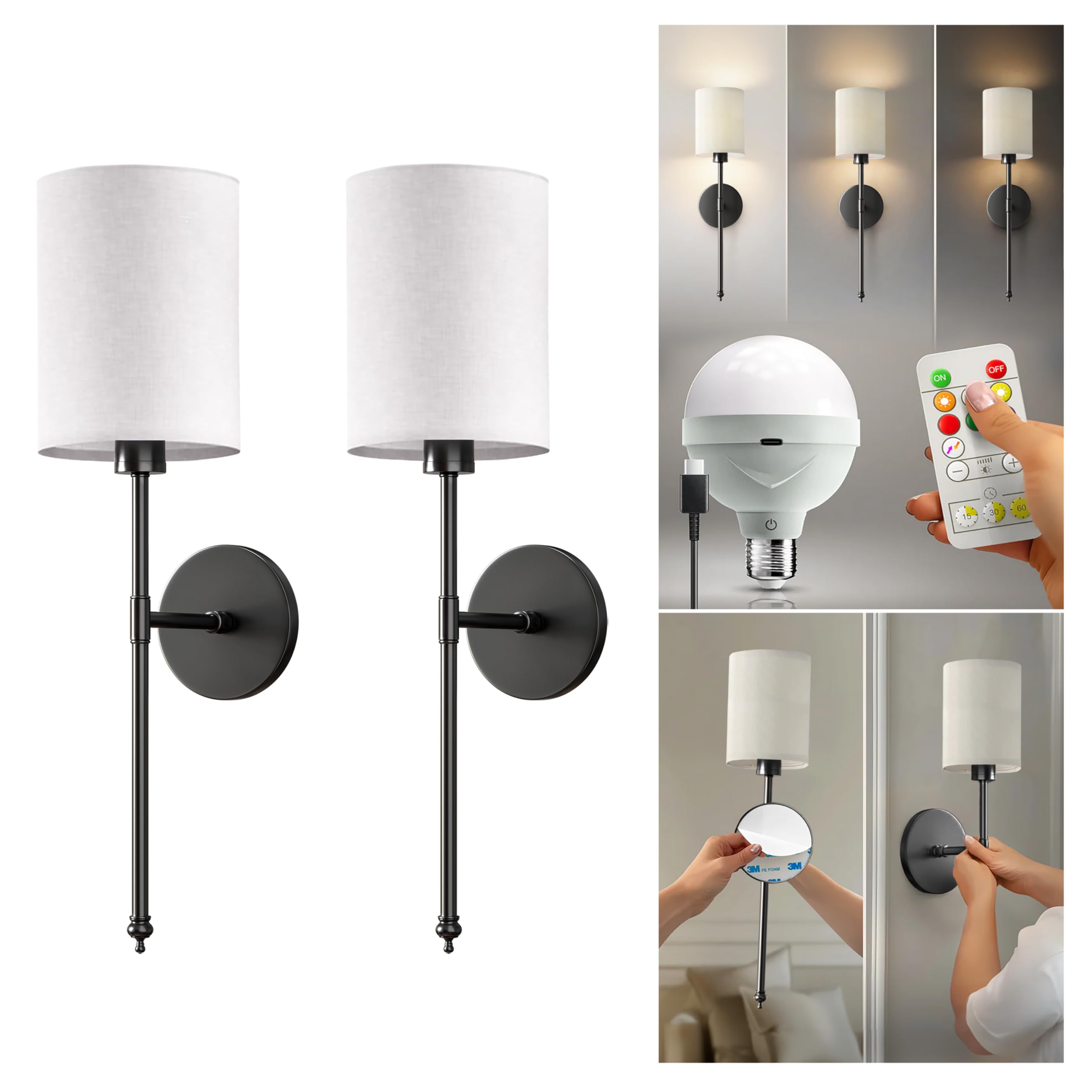 PRIDOLA Set of 2 Wireless Wall Sconces - Stick-On or Screw Mount for Easy Installation with Rechargeable LED Bulbs, Remote Controlled, Adjustable Brightness & Warmth, Vintage Wall Decor (Silver)