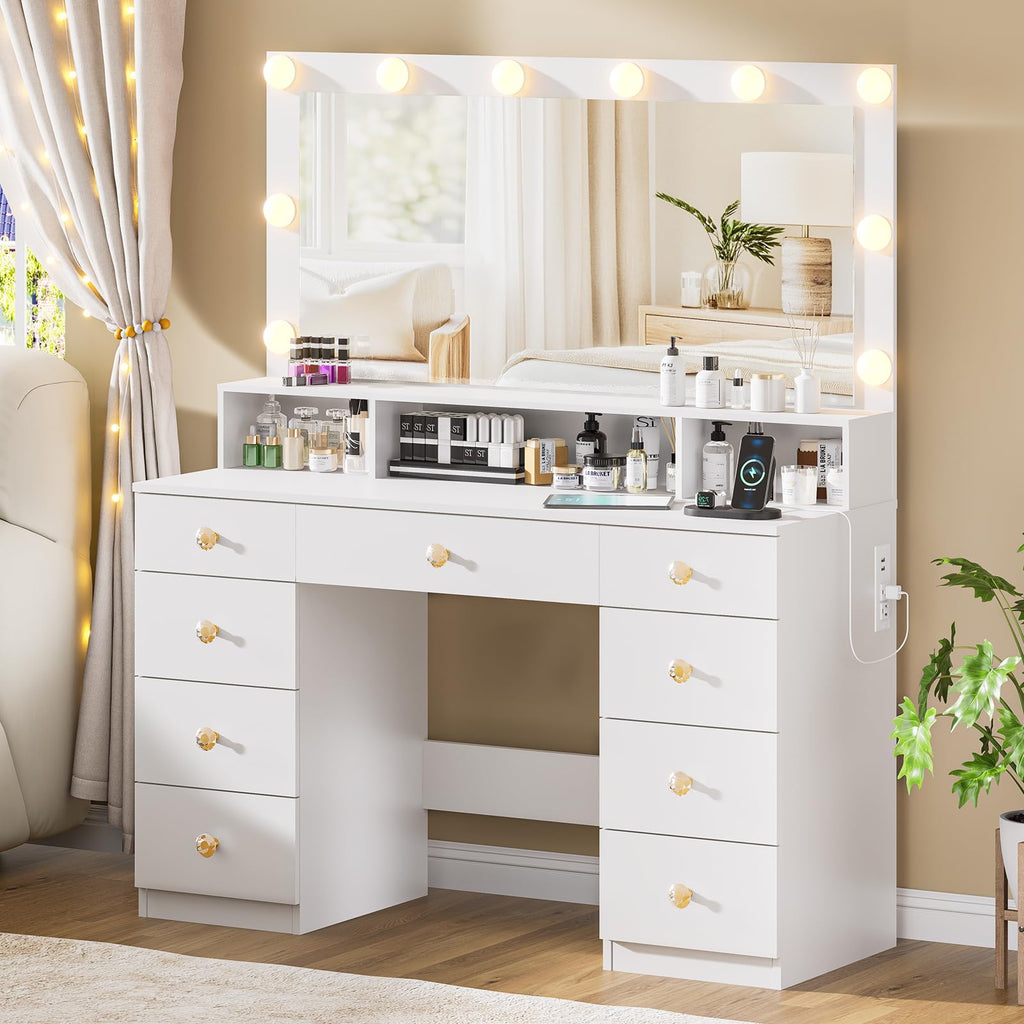 Vanity Desk with Lighted Mirror, Black Vanity with 4 Drawers,Makeup Vanity with Storage Shelves and Power Outlet,10 Lights with 3 Color Modes Brightness Adjustable for Girls’ Bedroom (Black)