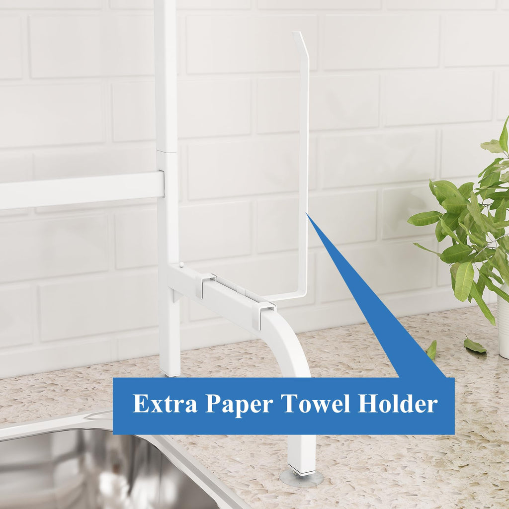 SAYZH Over the Sink Dish Drying Rack, Adjustable (25.5 to 33.5 inch) 2 Tier Metal Steel Dish Drying Racks for Kitchen Counter with Hooks Paper Towel Utensil Cup Holder Sink Caddy (Black)