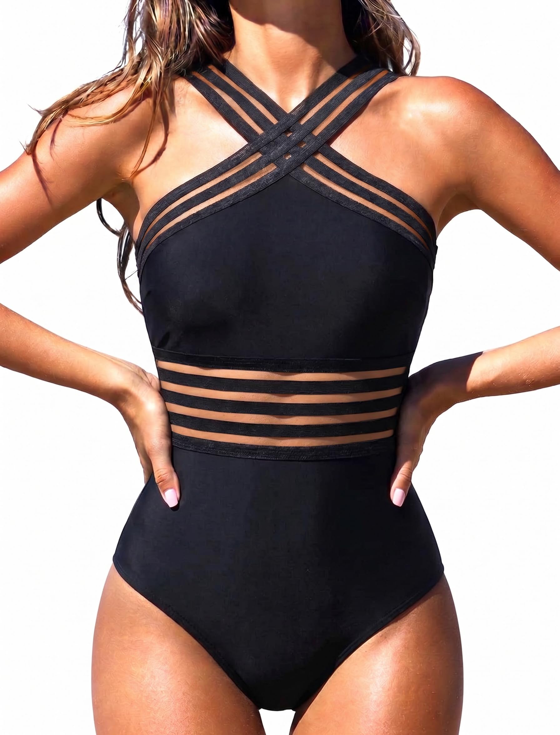Hilor Women's Tummy Control Swimsuits Slimming One Piece Bathing Suits Front Crossover Swimwear