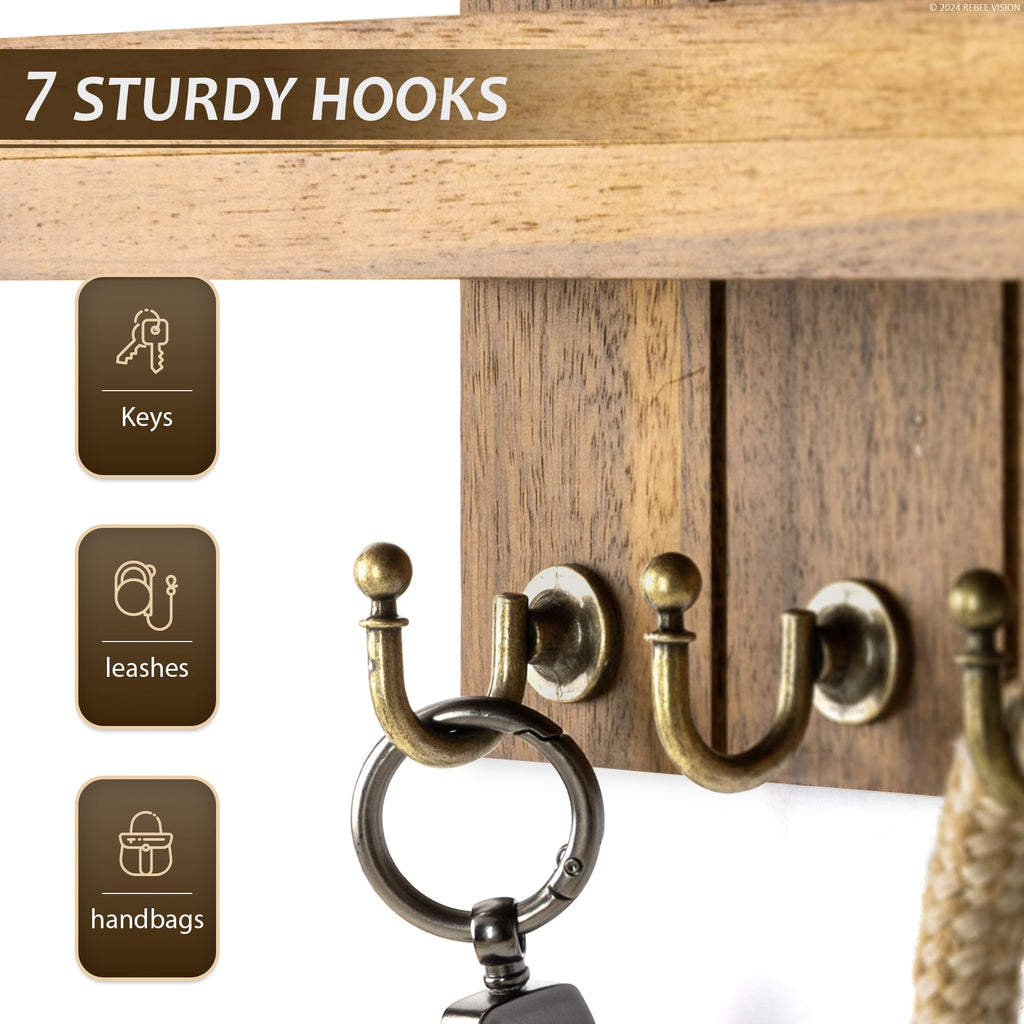 Rebee Vision Acacia Wood Key Holder Wall Mount – Farmhouse Key Holder for Wall & Mail Organizer with Shelf for Home Decor – Ideal for Apartment Essentials (Acacia Wood, 3.54" x 10" x 7.28")