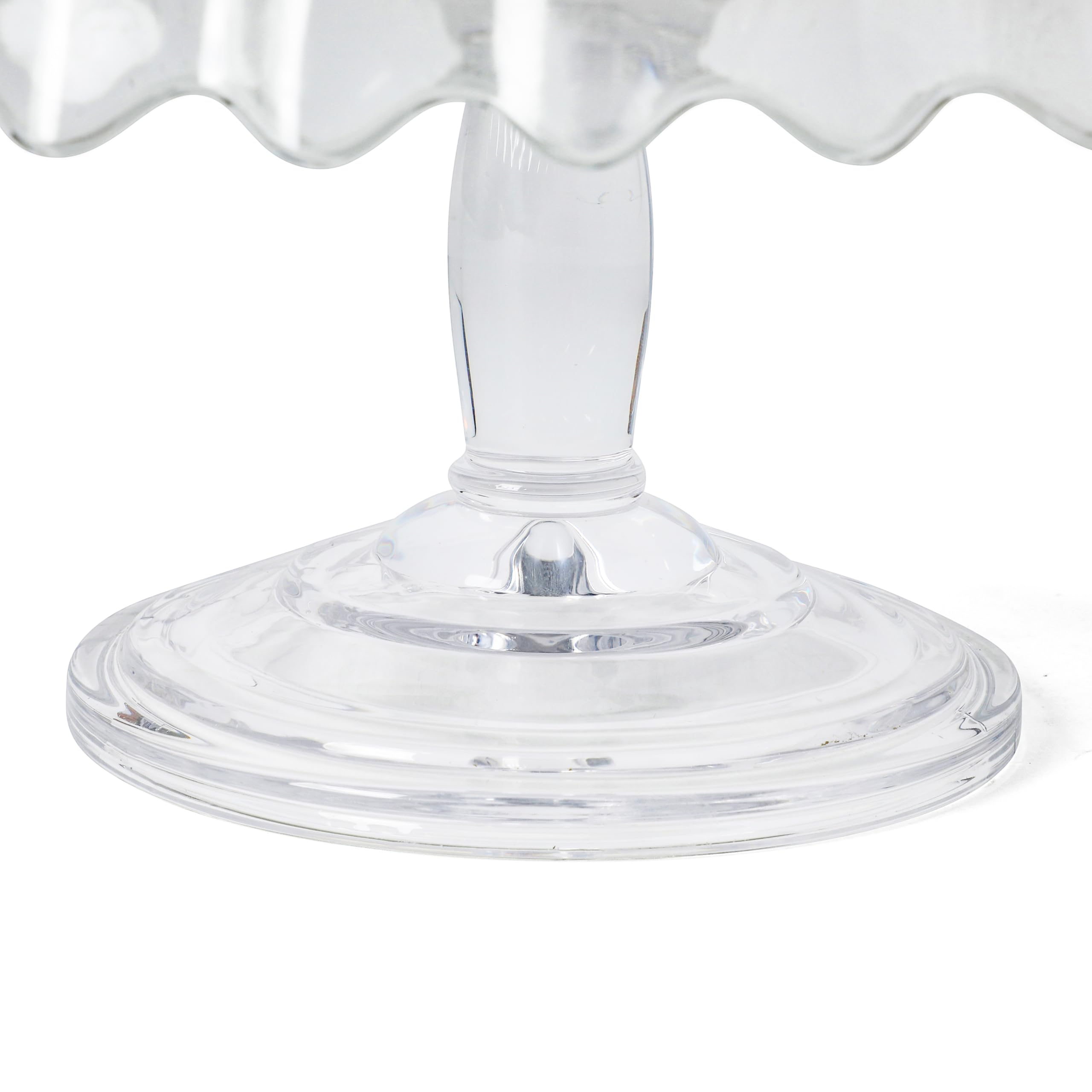 Martha Stewart Watercrest Glass Cake Stand, 10.2 Inch Footed Pedestal Cake Plate with Scalloped Ruffled Edge, Clear Handmade Glassware for Weddings, Parties, and Dessert Display