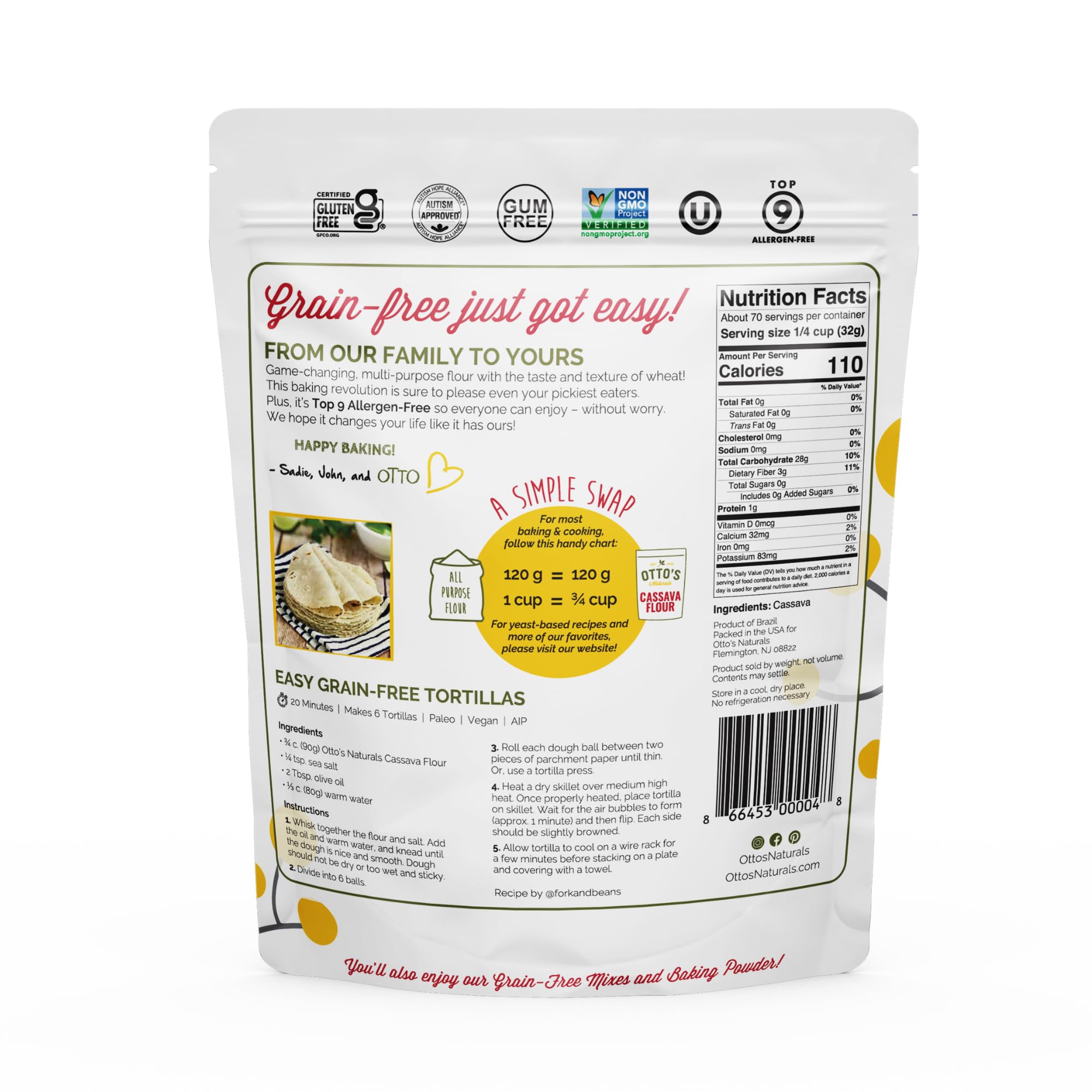 Otto's Naturals Multi-Purpose Cassava Flour, Non-GMO, Gluten-Free, Grain, Nut and Gum-Free, 1-to-1 Wheat Alternative, Paleo, AIP, 1 lb
