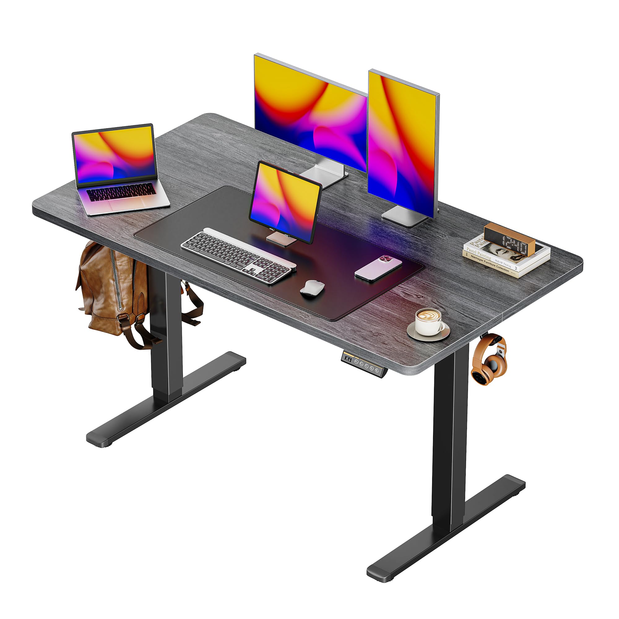 Huuger 48 x 28 Large Electric Standing Desk, Height Adjustable Desk, 27.6" Deep Desktop, Stand up Gaming, 2 Hooks, 3 Preset Heights, for Home Office, Black