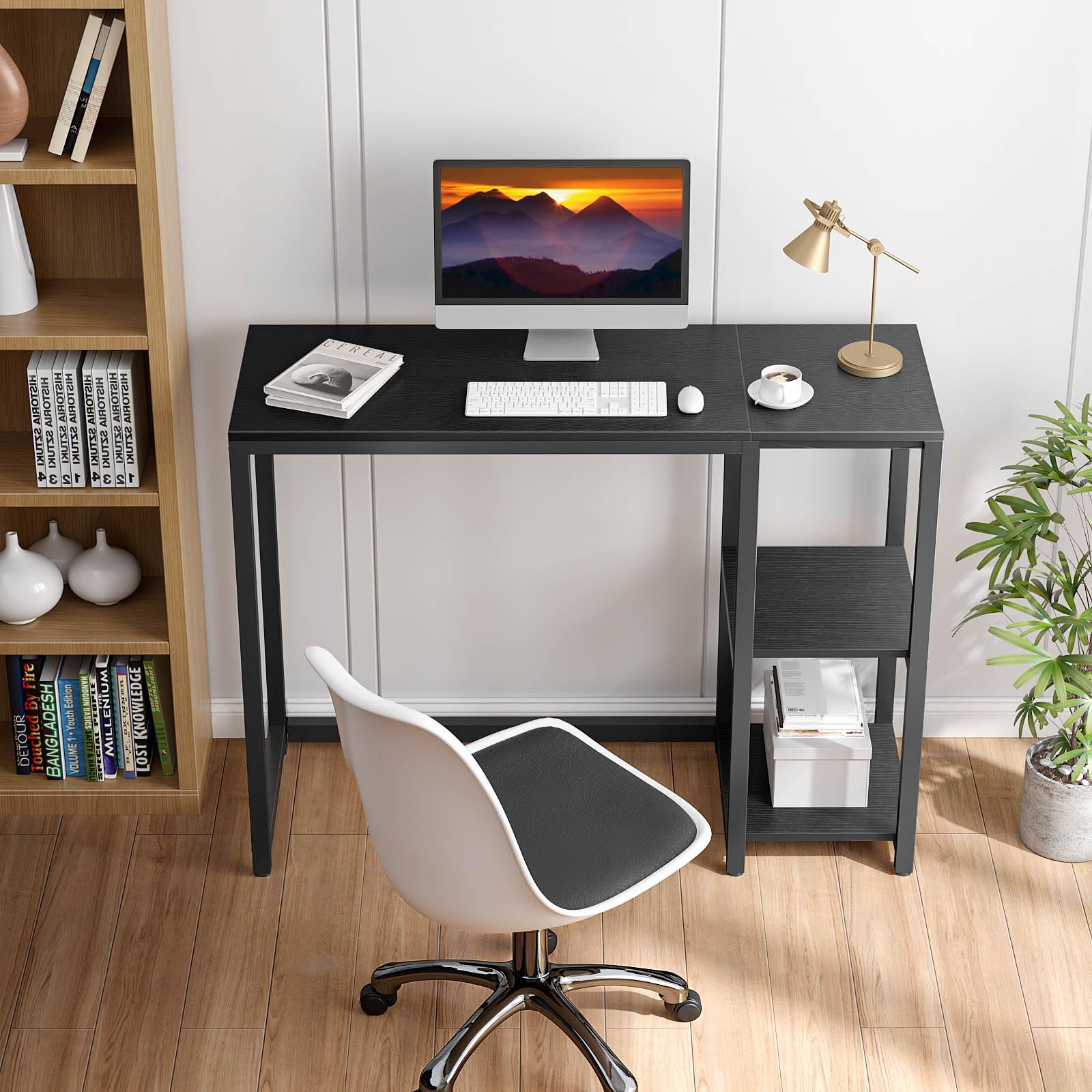 SINPAID 40 Inch Small Gaming Desk with Shelves for Small Spaces, Easy Assembly Study Desk, Sturdy Writing Desk for Bedroom & Home Office, Black
