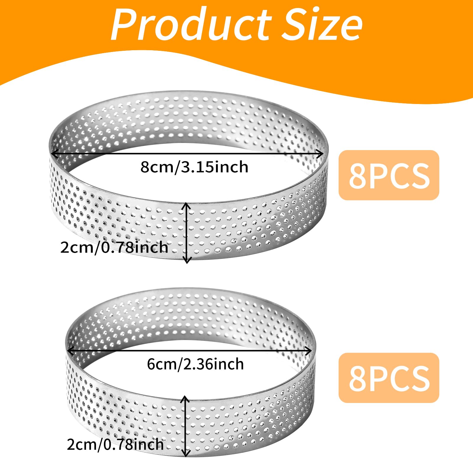 RICHSC-PAN Stainless Steel Perforated Tart Ring Set, 16 Packs Food-Grade, 3.15 Inches and 2.36 Inches, Suitable for All Kinds of Small Fruit Tart Crusts.