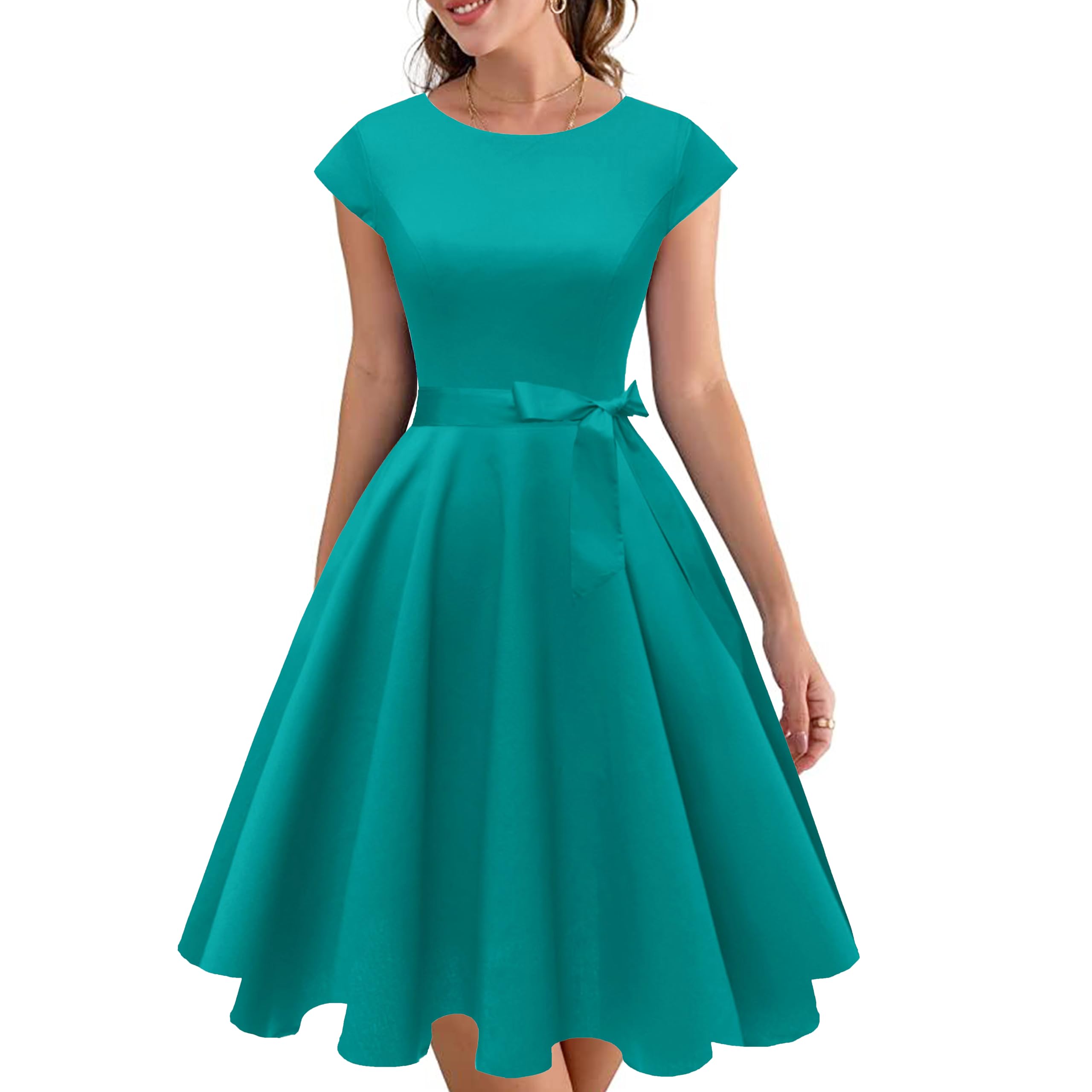 PUKAVT Women's 1950 Boatneck Cap Sleeve Vintage Swing Cocktail Party Dress with Pockets