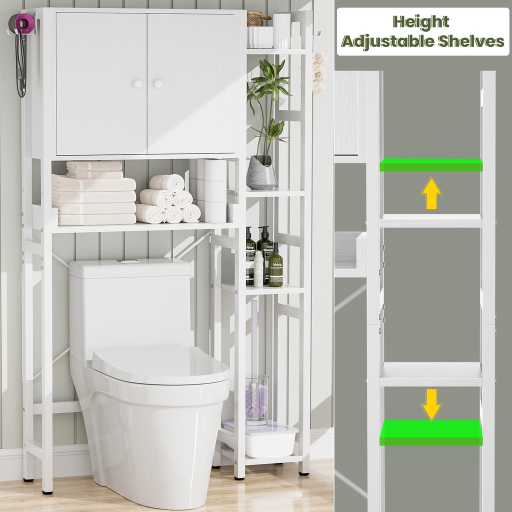 Over The Toilet Storage Cabinet with Doors - 7 Tier Bathroom Organizer with Adjustable Shelf, Freestanding Space Saver Rack Above Toilet Stand with 4 Hooks for Bathroom, Restroom, Laundry, Black