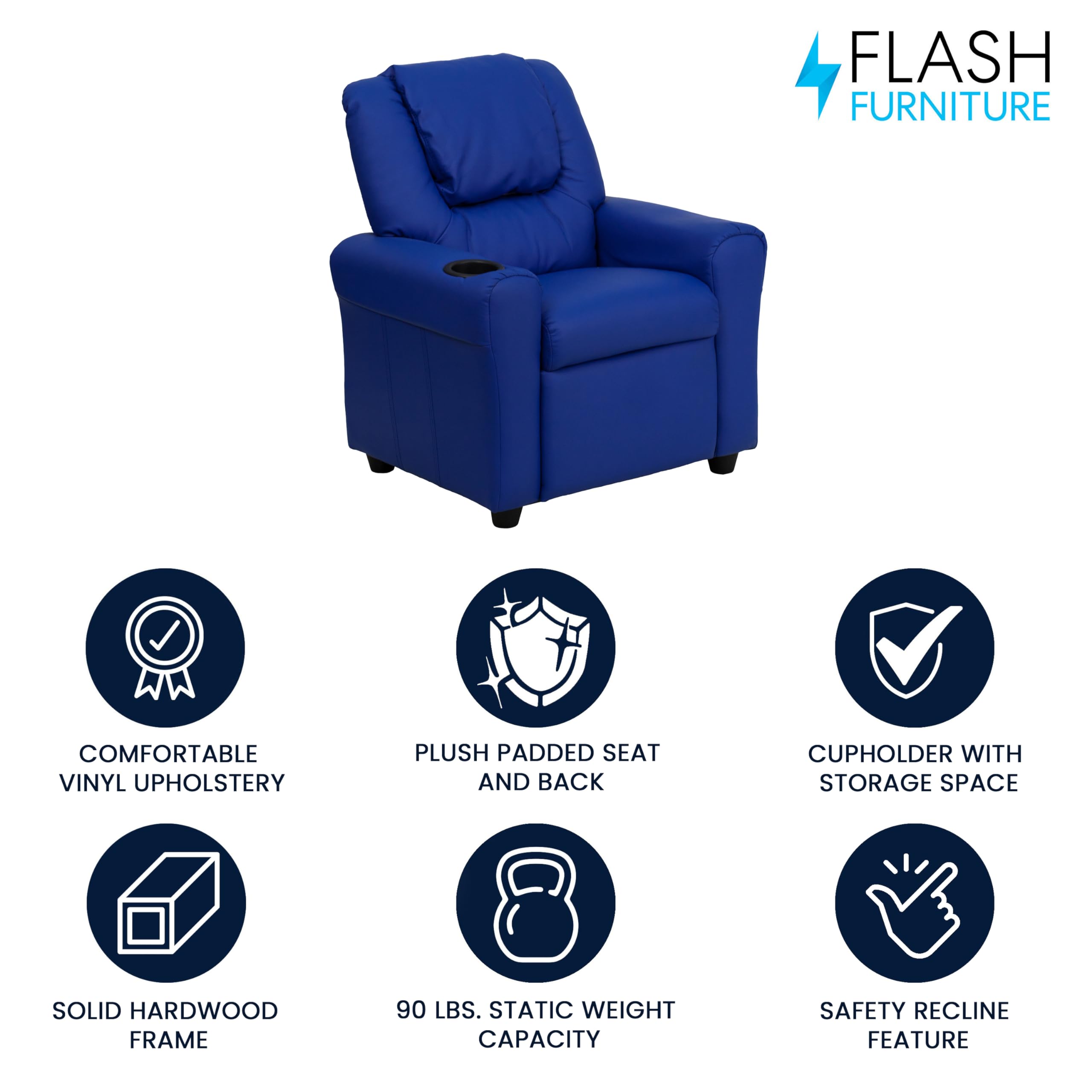 Flash Furniture Vana Vinyl Kids Recliner with Cup Holder, Headrest, and Safety Recline, Contemporary Reclining Chair for Kids, Supports up to 90 lbs., Beige