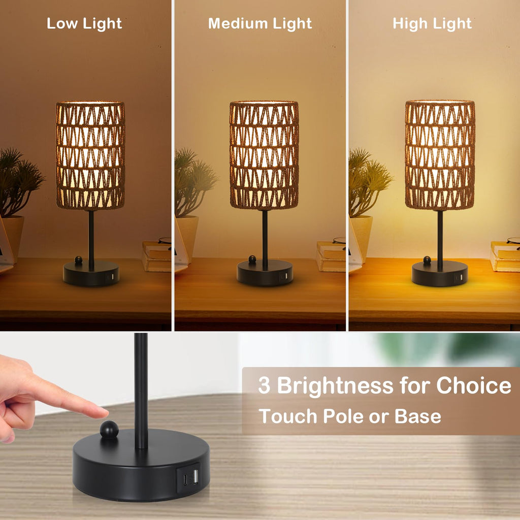 Rattan Bedside Table Lamps Set of 2 - Boho Lamps With 3 Color Temperatures & USB AC Port, Pull Chain Table Lamp For Bedroom, Cute Small Lamp For Nightstand Office Desk Bed Side End Table Living Room