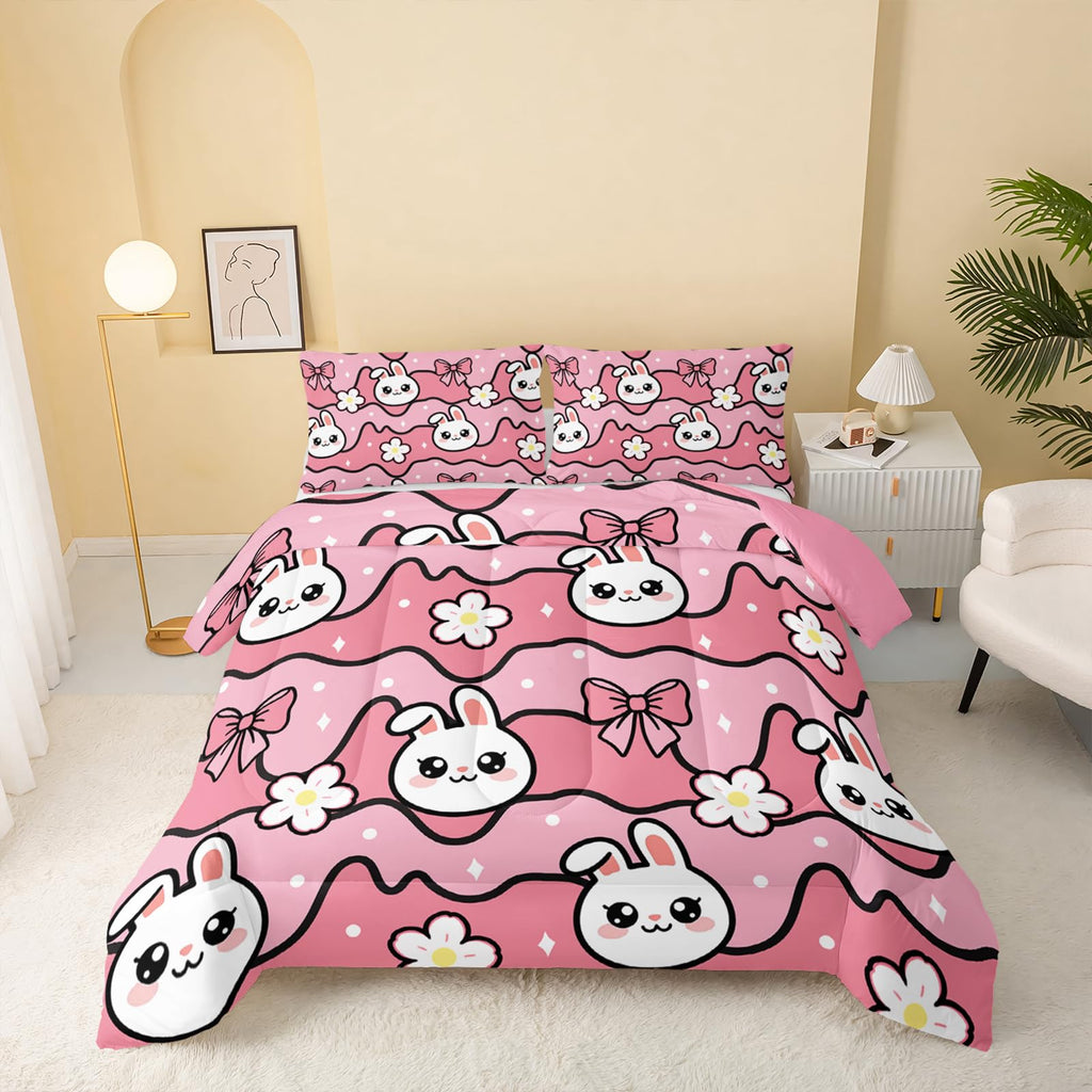 QOOMO Floral Cat Comforter Twin Size,Pink Cat Bedding Set for Kids Teens Girls,3Pcs Bedding Set Printed Comforter with 2 Pillowcases,Down Alternative,Soft and Lightweight(Pink，Twin Size)